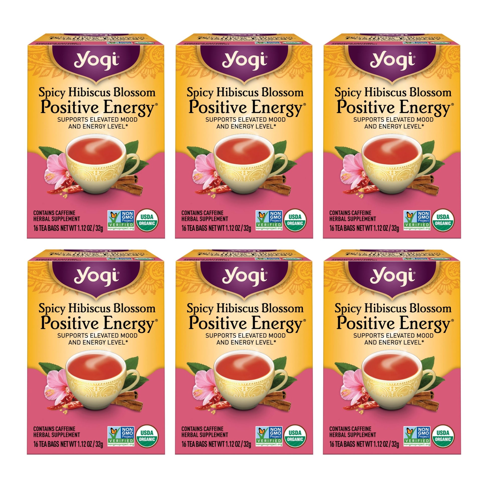 Yogi Tea Spicy Hibiscus Blossom Positive Energy Tea - 16 Tea Bags per Pack (6 Packs) - Organic Herbal Tea to Support Energy - In