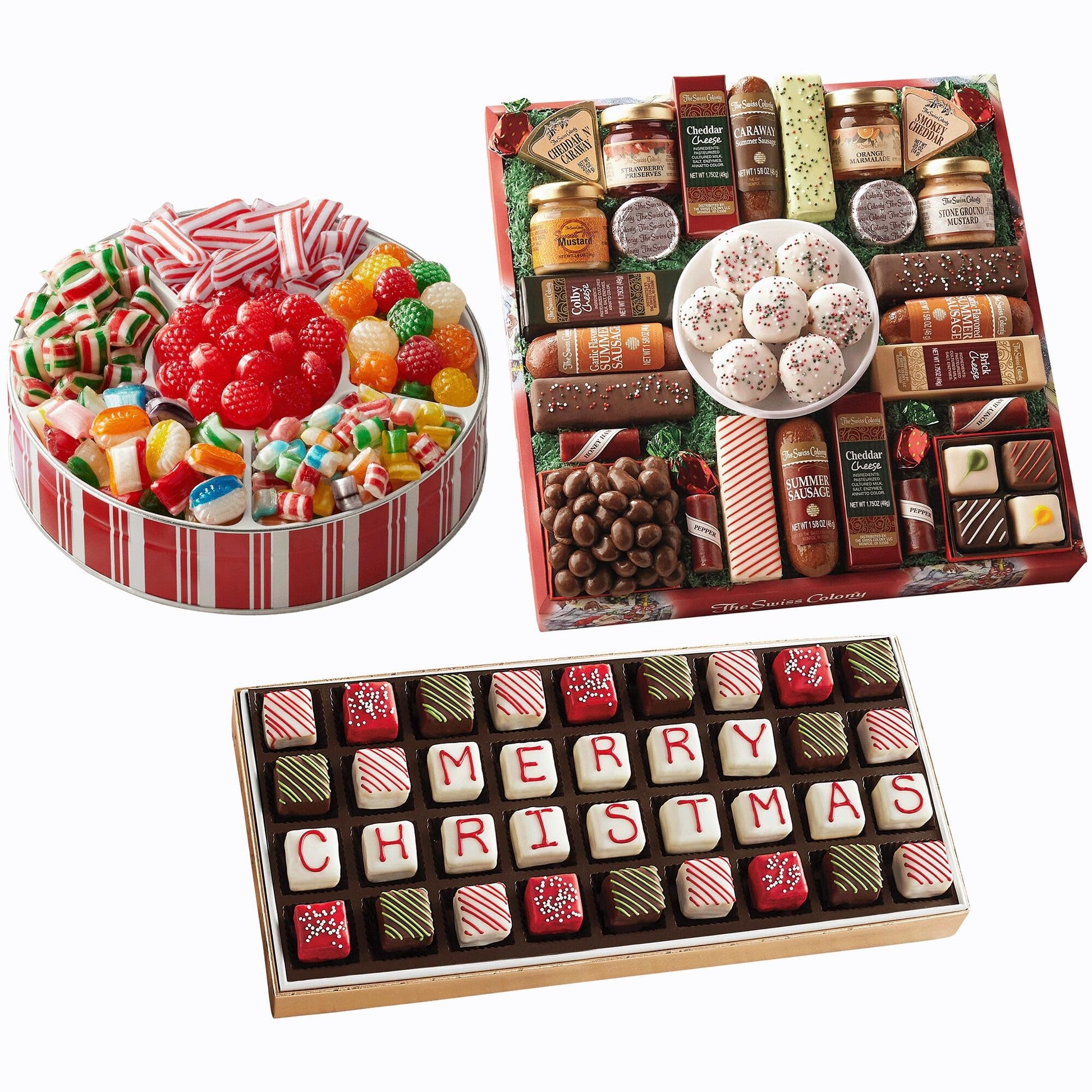 The Swiss Colony 27 Favorites Food Gift Box - Assorted Cheeses  Chocolates  And Summer Sausage Meats With Merry Christmas Petits Fours Mini Layer Cakes With Traditional Old Fashioned Candy Assortment