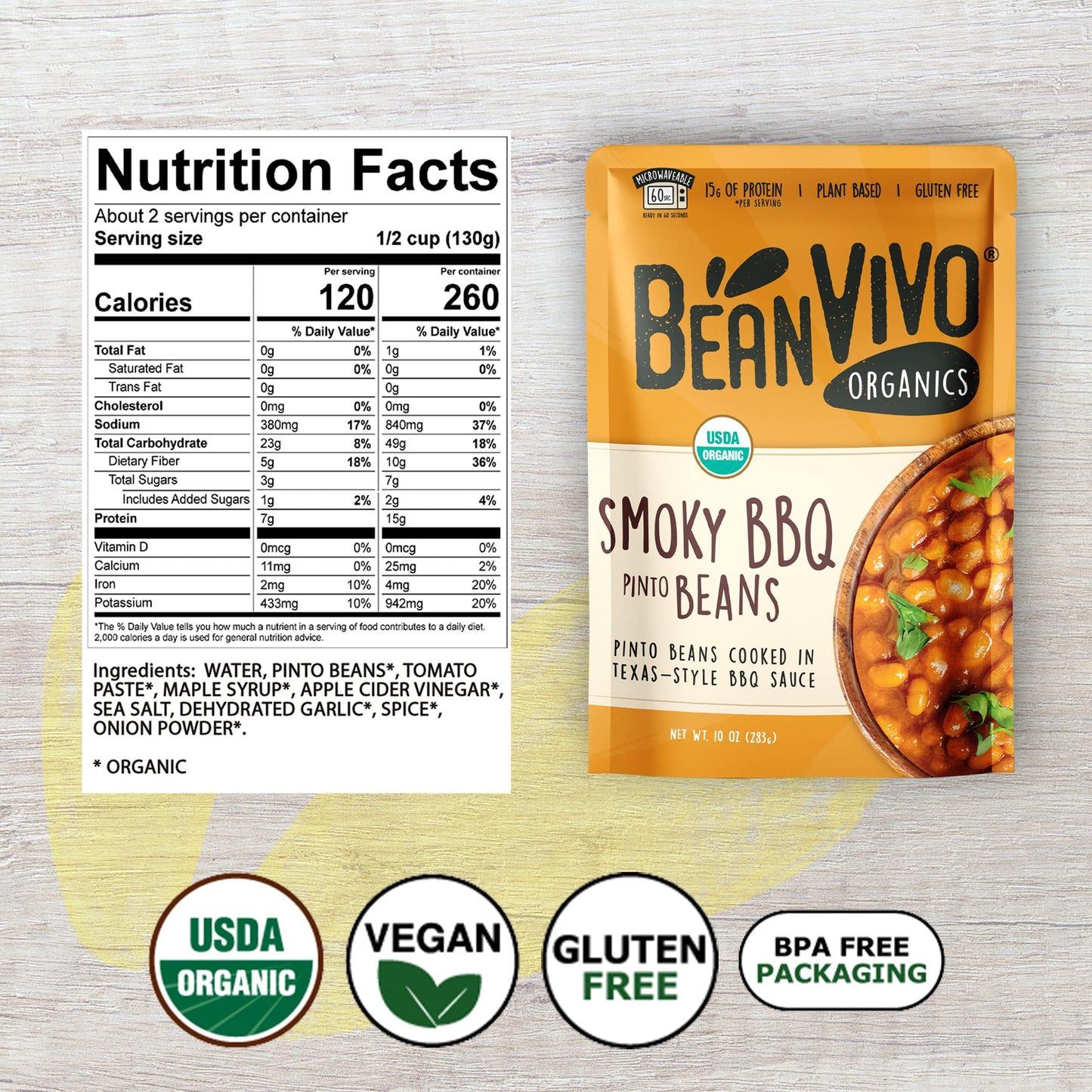 BeanVIVO (Pack of 6) Organics 15g Plant based Protein BBQ Pinto Beans - Good Source of Fiber - Nutritious & Microwave Meals - Gl