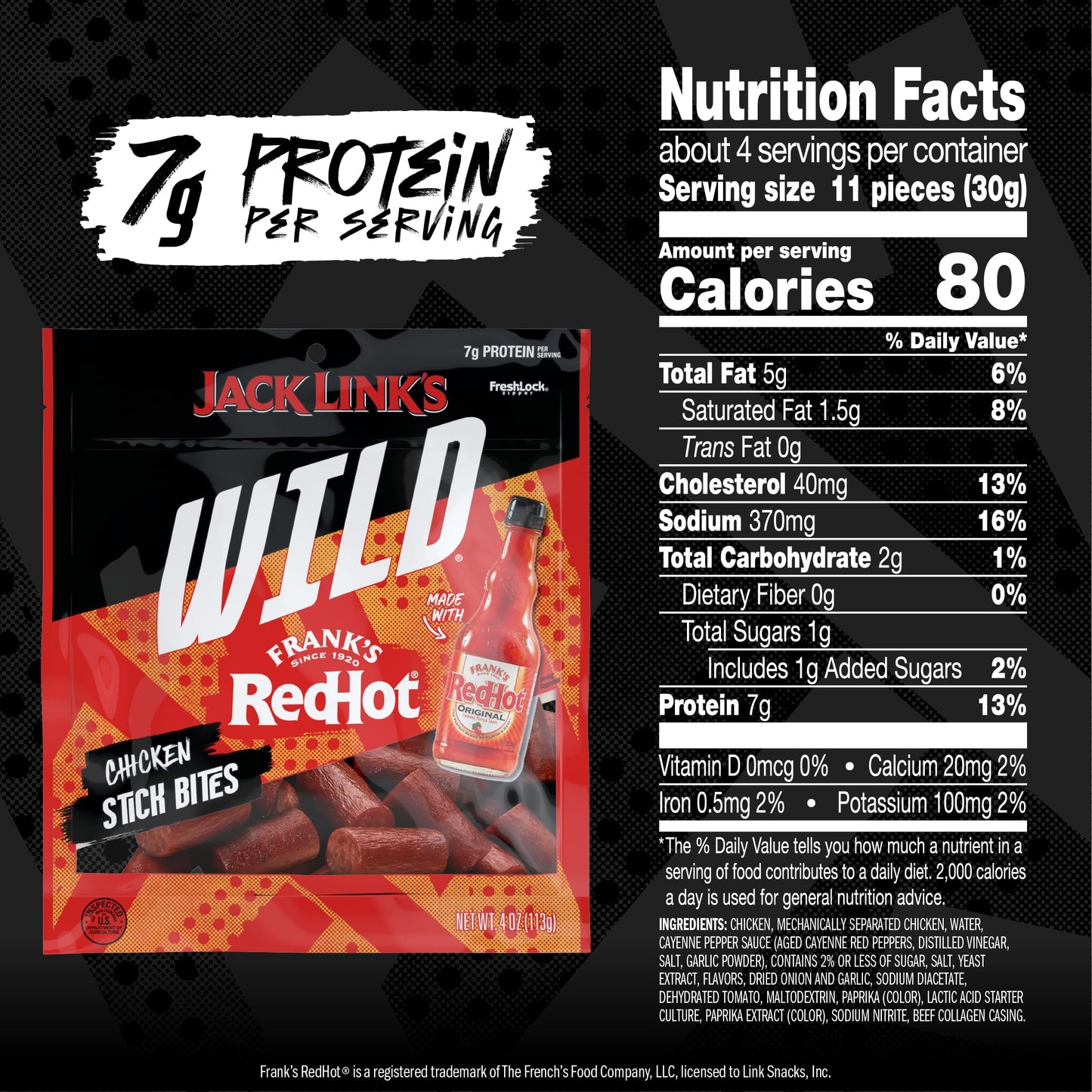 Jack Link'S Wild Chicken Stick Bites Made With Frank'S Redhot Flavor, Mini Meat Sticks, Shareable Under 100 Calories Snack Packs
