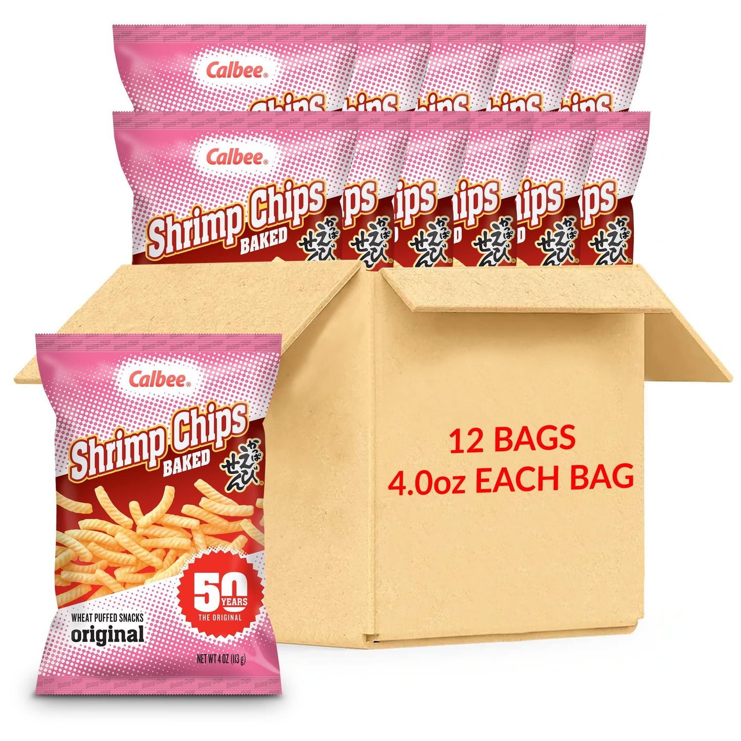 Calbee Shrimp Chips - Original Flavor, 4 oz Pack of 12, Made with Real Shrimp, Crunchy Snack