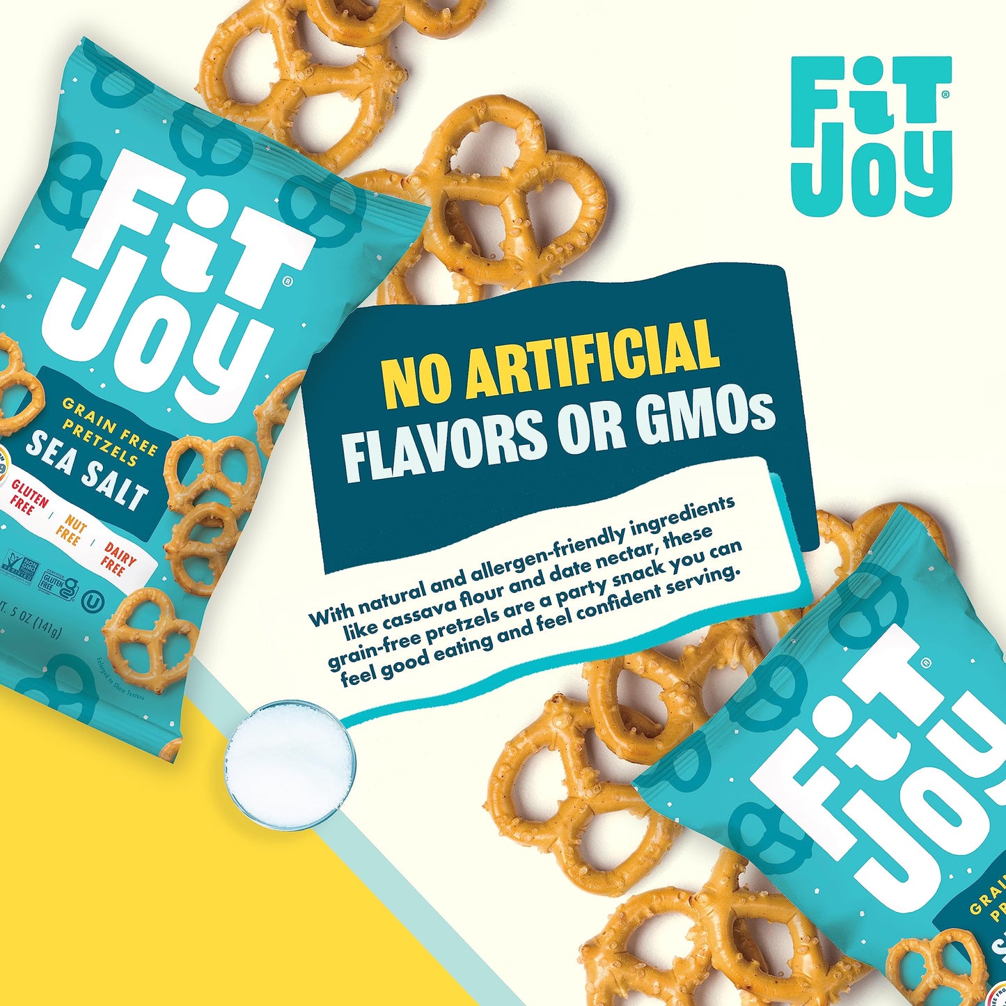 FitJoy Sea Salt Pretzels (Pack of 6, 5 Oz) - Dairy, Nut & Gluten Free Snacks - Grain Free Cassava Root & Chickpea Flour Vegan Pr