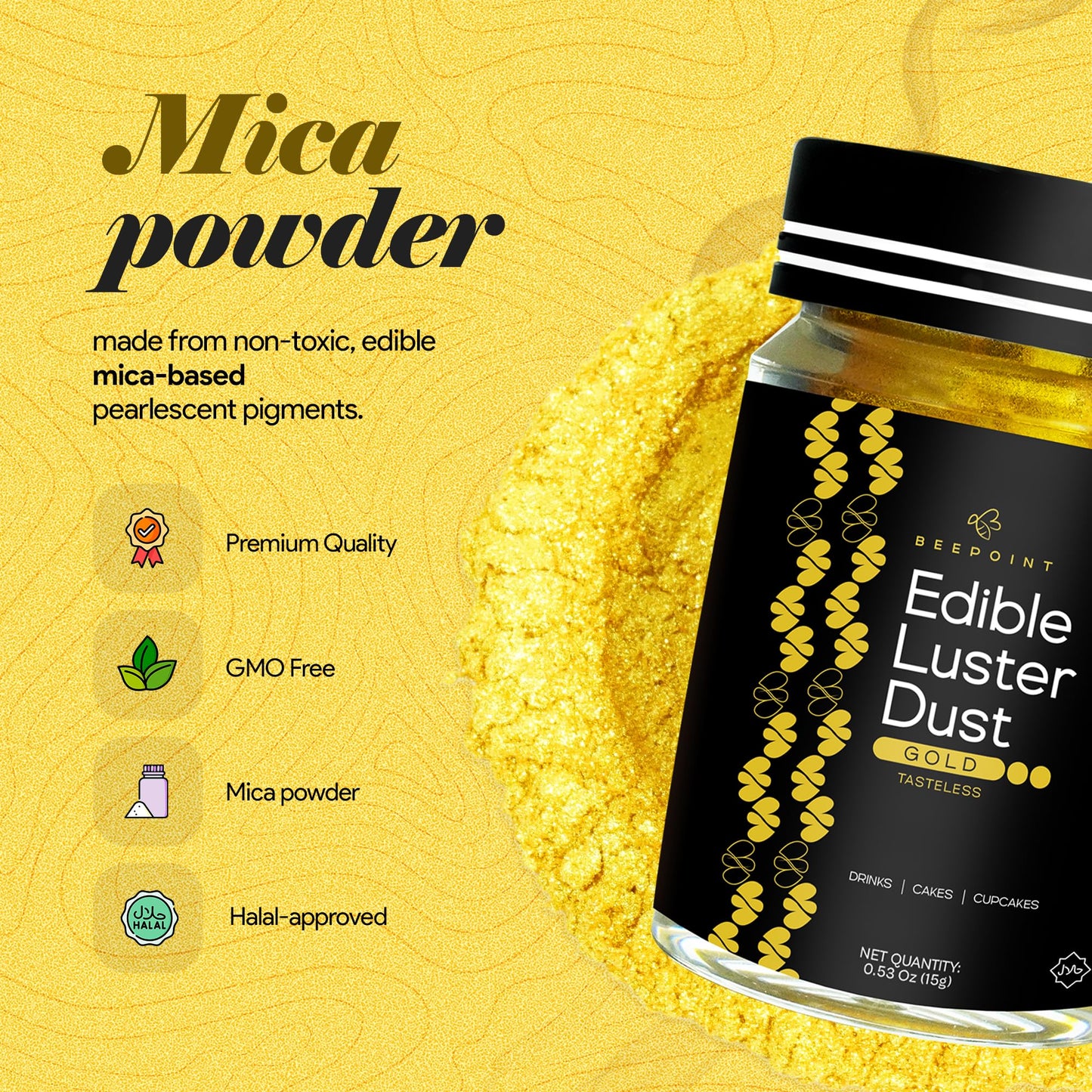BeePoint Gold Edible Luster Dust - Vibrant Shimmer Powder for Baking, Drinks & Cake Decorating - 15g Dust