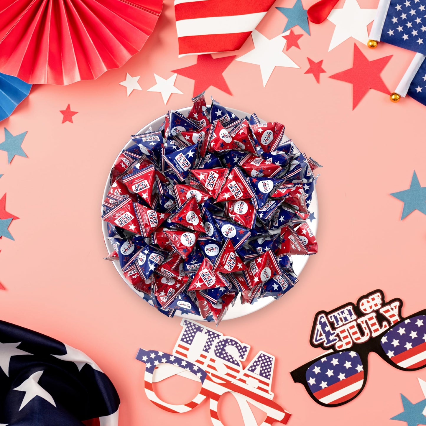 Partyworks Patriotic Candy - 40 Count Bag - Popping Rocks Pouches - Strawberry, Blue Raspberry Flavors - Individual Triangles