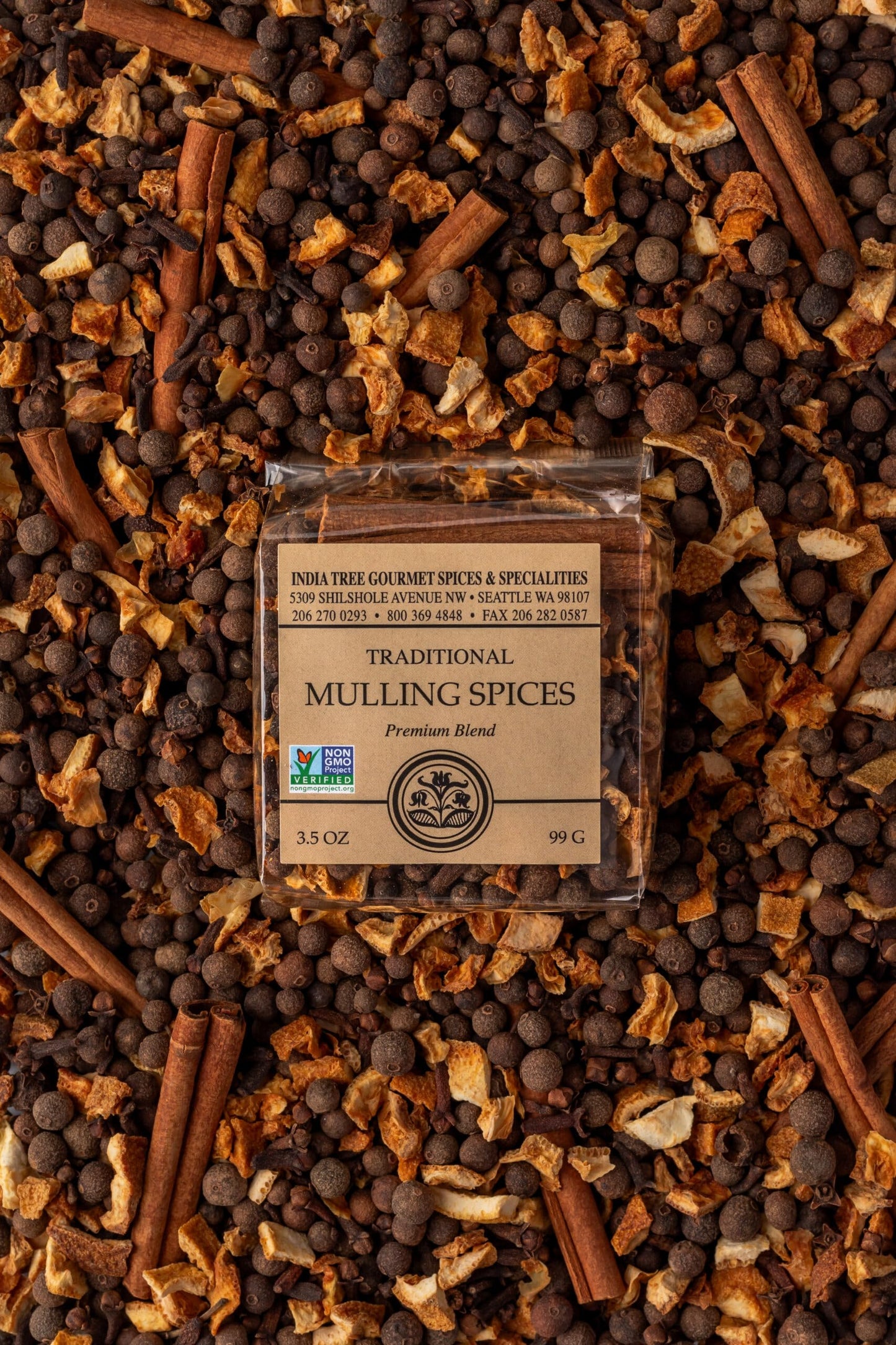 India Tree Mulling Spices for Cider & Wine – Whole Cinnamon, Cloves, Allspice & Orange Peel – 3.5 oz Pouch