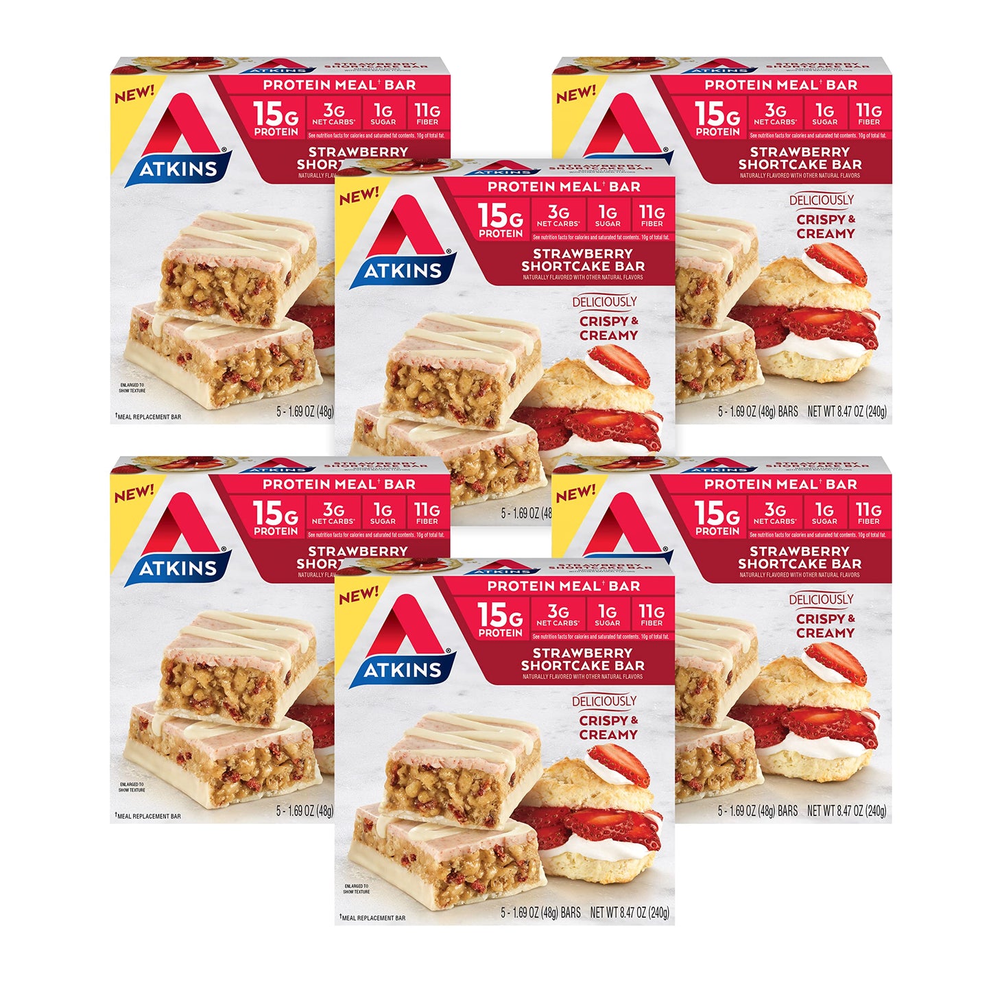 Atkins Strawberry Shortcake Protein Meal Bar, High Fiber, 1G Sugar, 3G Net Carb Meal Replacement, Keto Friendly, 30 Count
