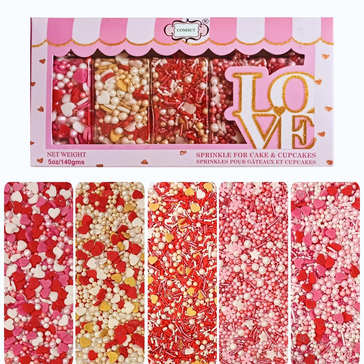 Confect Red, Pink & White Pearls Sprinkles | Mix Heart & Valentine Sprinkles | Sprinkles for Baking & Cake Decorative | Edible s