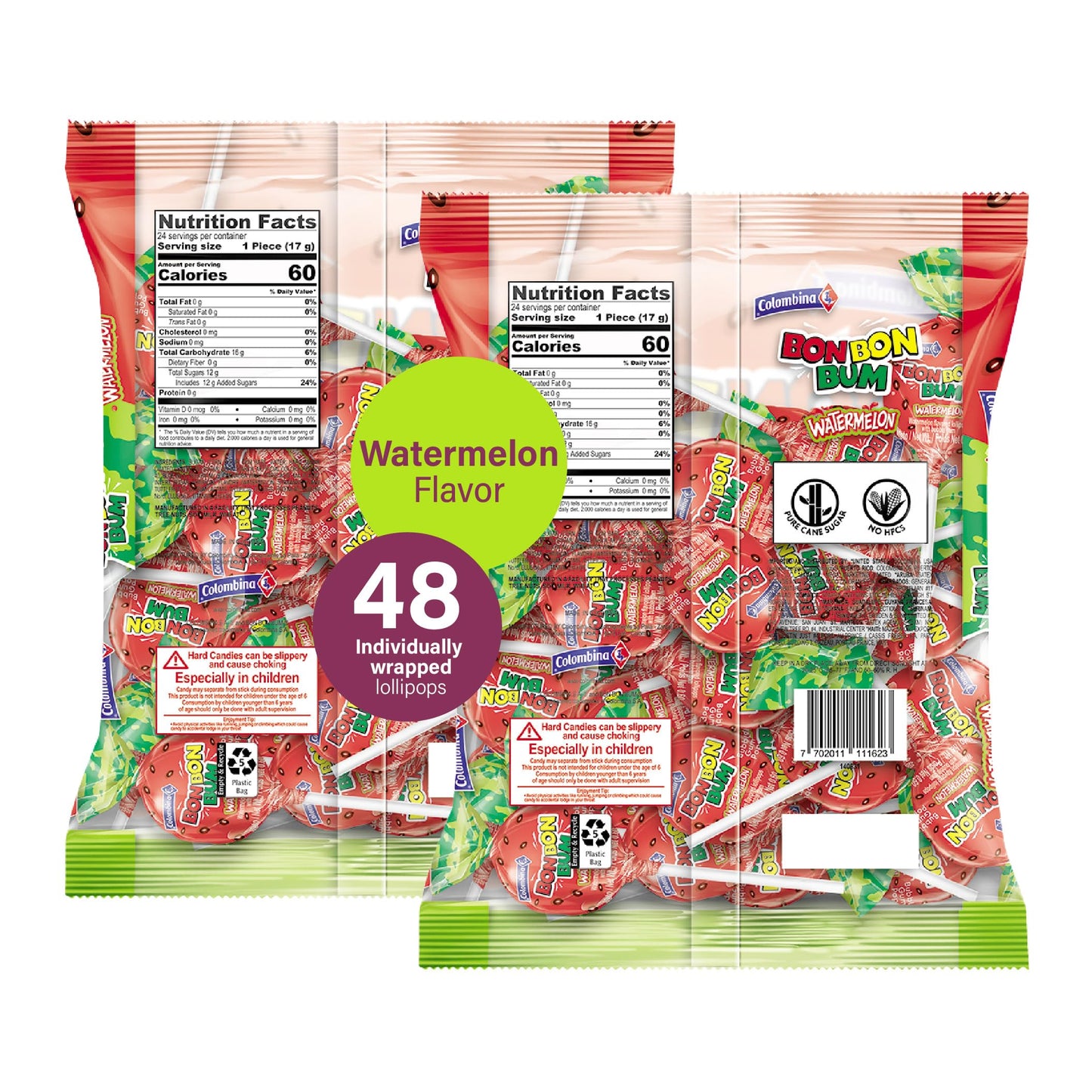 Colombina Bon Bon Bum Lollipops W/Bubble Gum Center, Watermelon Flavor, Individually Wrapped, Ideal For Party Favors And Gifts, 2 Pack (48 Count)