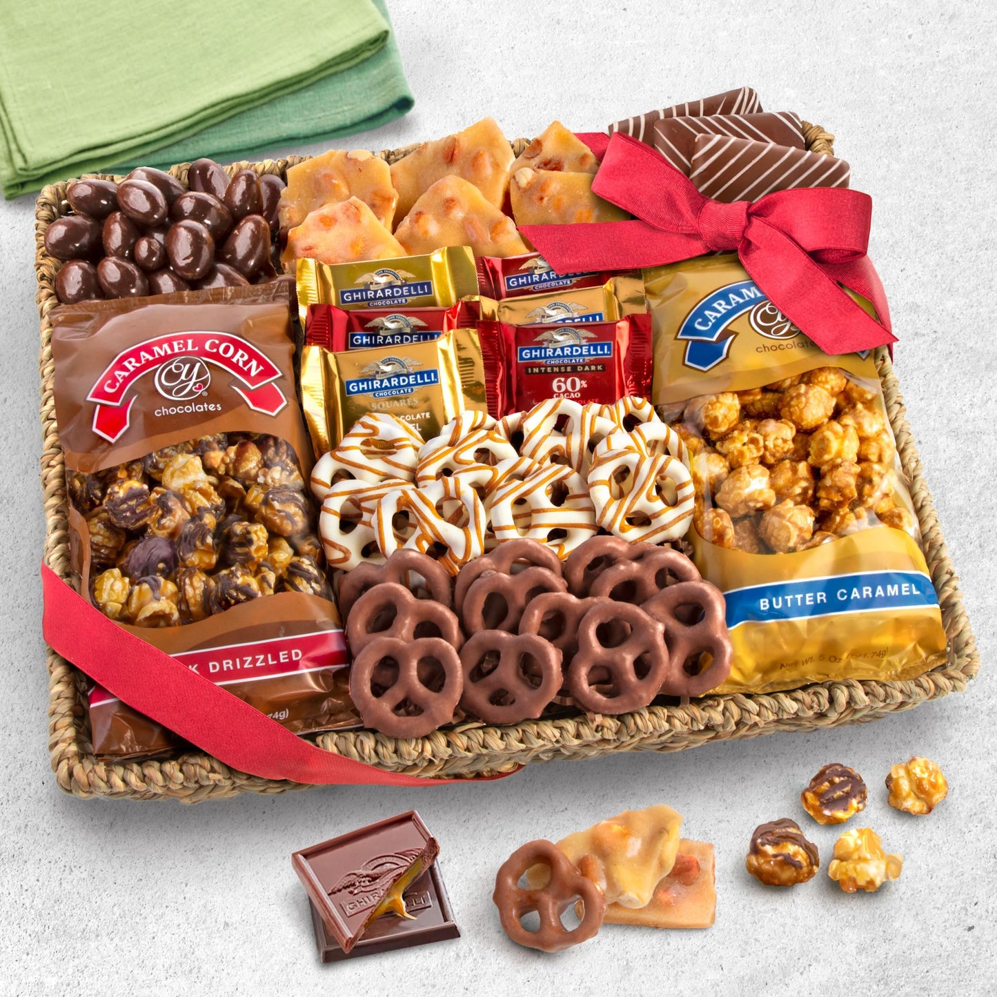 A Gift Inside Chocolate Caramel Crunch Grand Gift Basket, 32 Ounce, Thank You Gift with Snacks, Pretzels, and Ghirardelli Chocolates