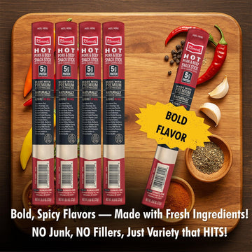 Jerky.Com Hot Beef And Pork Jerky Meat Sticks 10 Pack | 5G Protein, 90 Calories, Sugar Free, Gluten-Free, Individually Wrapped, Keto Friendly, Low Carb Snack | Delicious Smoked Beef Jerky Sticks | Gifts For Men