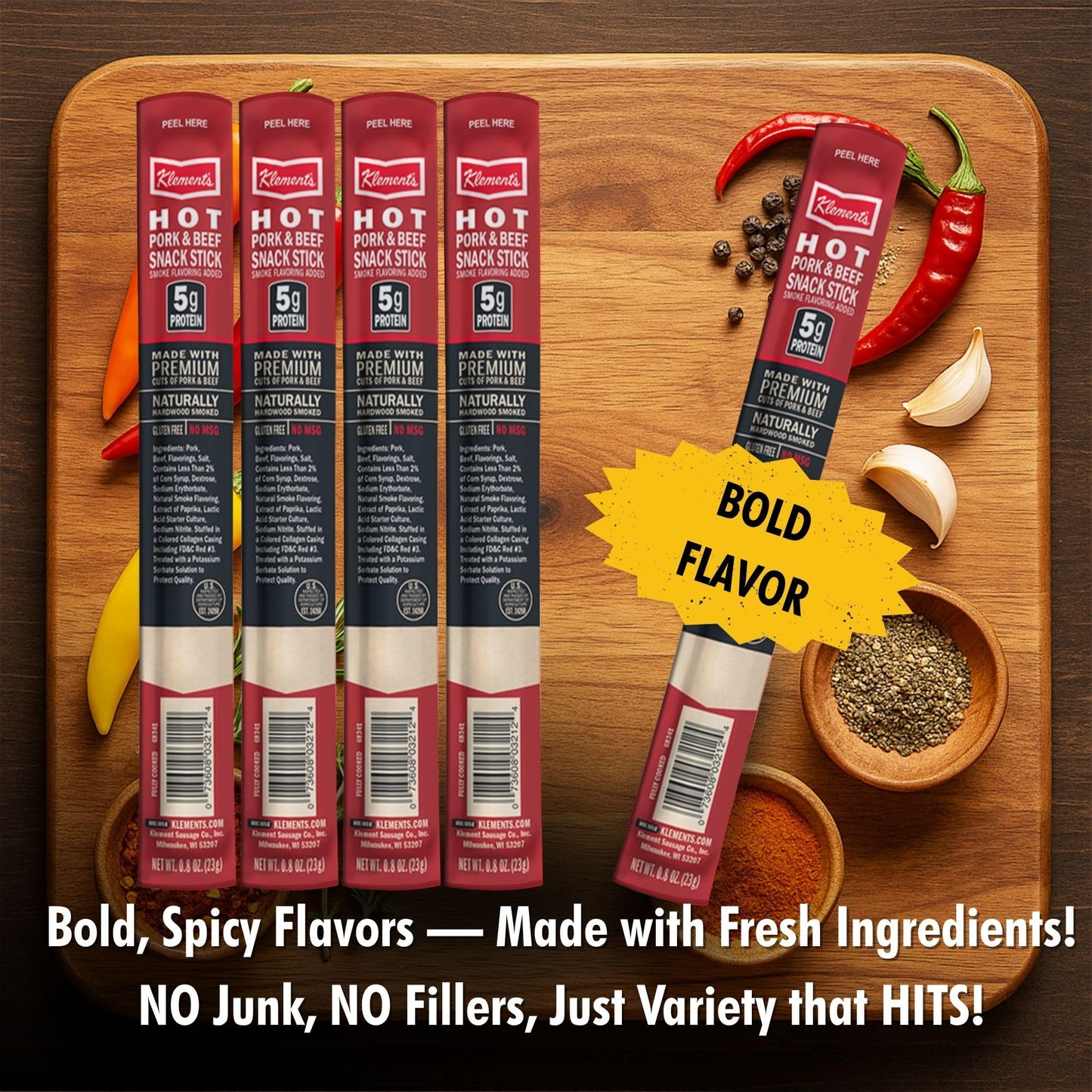 Jerky.Com Hot Beef And Pork Jerky Meat Sticks 26 Pack (24 + 2 Bonus) | 5G Protein, 90 Calories, Gluten-Free, Individually Wrapped, Keto Friendly, Low Carb Snack | Delicious Smoked Beef Jerky Sticks | Gifts For Men