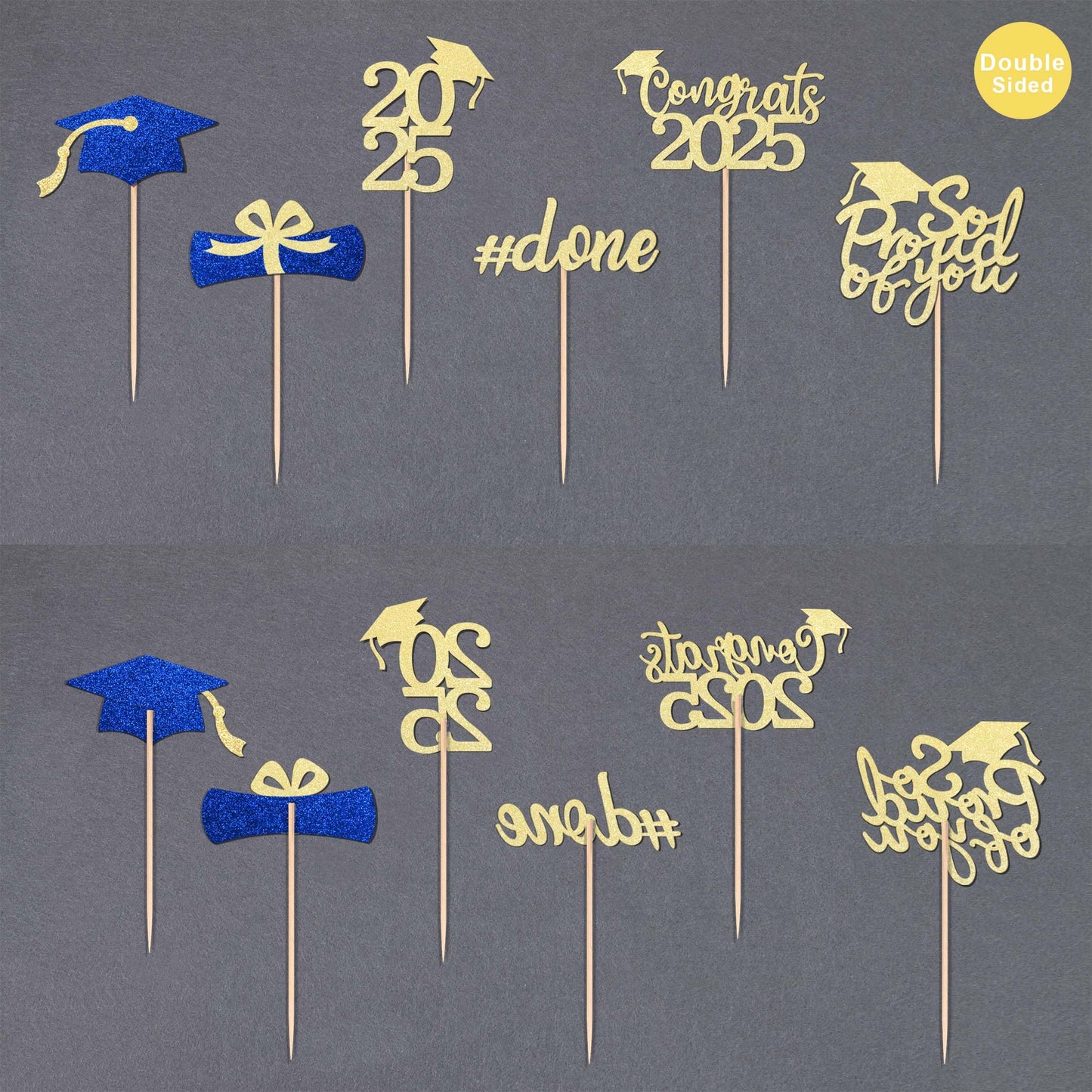 36 Pcs Class Of 2025 Graduation Cupcake Toppers, Gold & Blue Glitter Double-Sided Grad Cap Cake Picks For Party Supplies, 2025 G