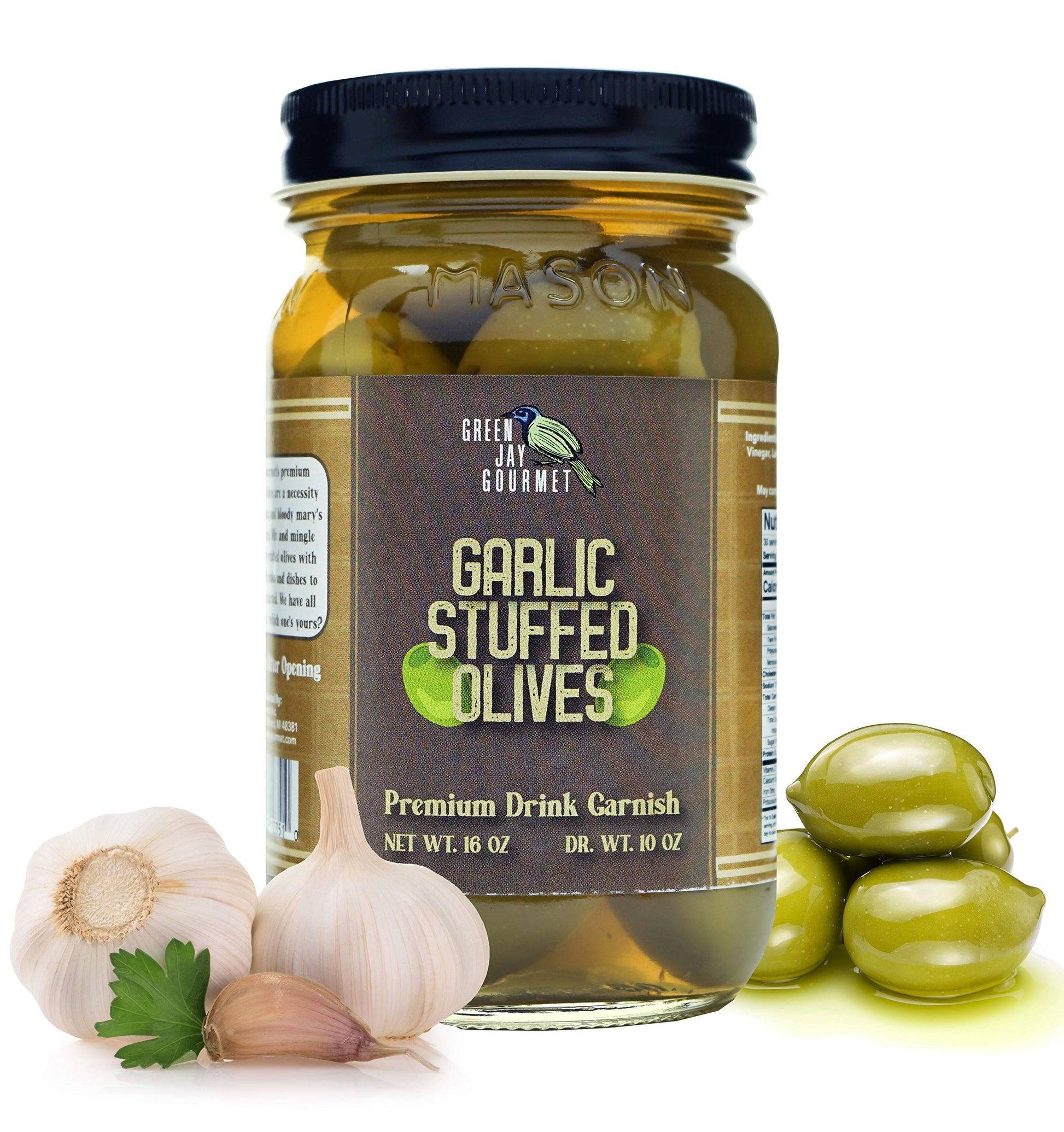 Green Jay Gourmet Garlic Stuffed Olives - All Natural - 16 Ounces - Perfect for Cocktails & Cheese Boards