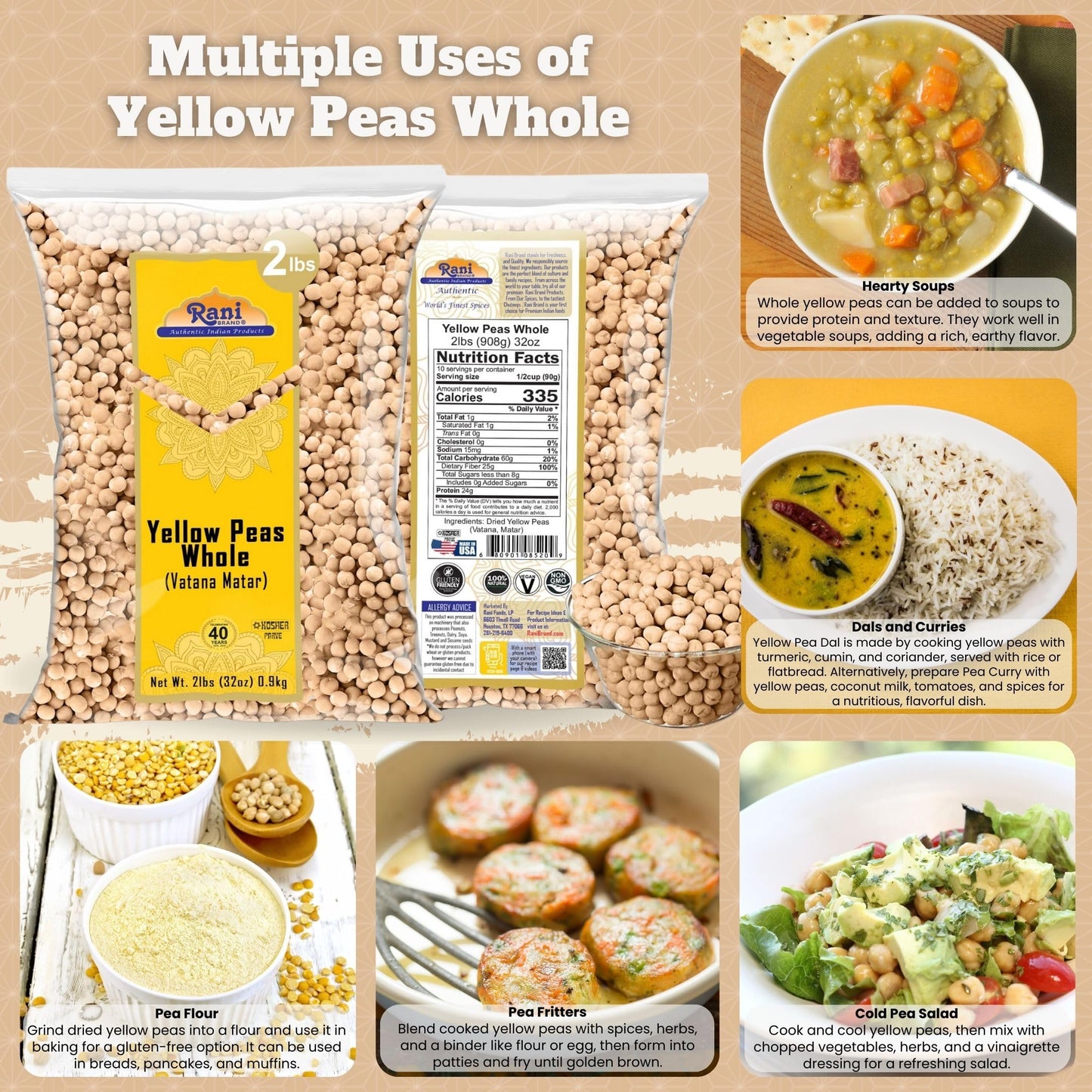 Rani Yellow Peas Whole, Dried (Vatana, Matar) 32Oz (2Lbs) 908G ~ All Natural | Vegan | Gluten Friendly | Product Of Usa