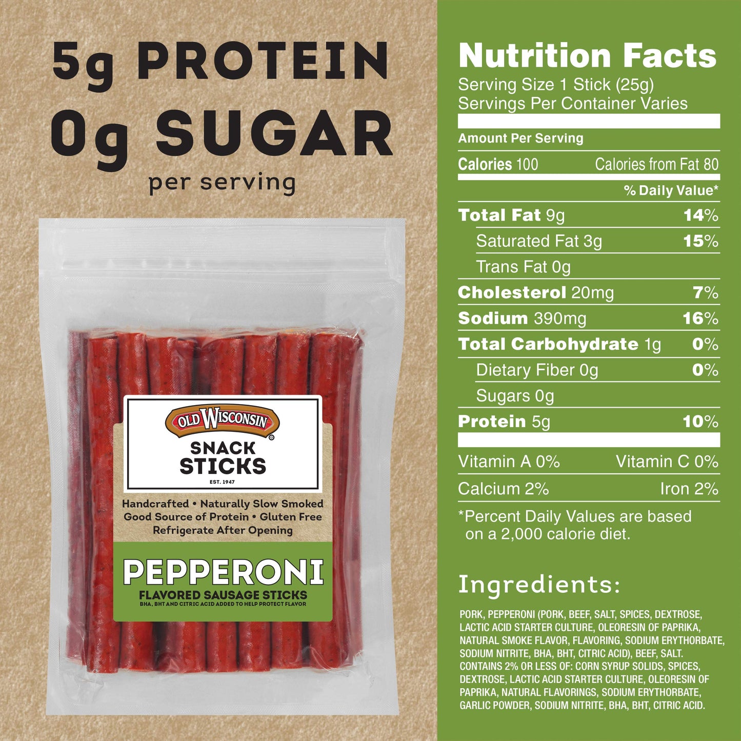 Old Wisconsin Pepperoni Sausage Snack Sticks, Naturally Smoked, High Protein, Low Carb, 28 Ounce Resealable Package