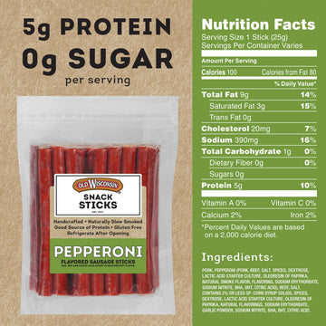 Old Wisconsin Pepperoni Sausage Snack Sticks, Naturally Smoked, High Protein, Low Carb, 28 Ounce Resealable Package