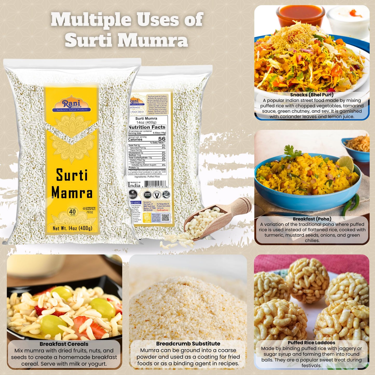 Rani Surti (Surati) Mumra (Puffed Rice) 14oz (400g) ~ All Natural | No Color | Gluten Friendly | Vegan | NON-GMO | Kosher | No S