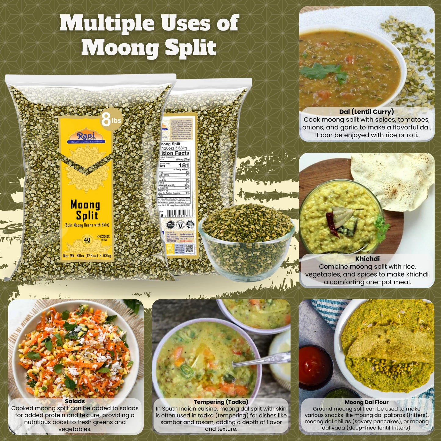 Rani Moong Split (Split Mung Beans With Skin) Lentils Indian 128Oz (8Lbs) 3.63Kg Bulk ~ All Natural | Gluten Friendly | Non-Gmo
