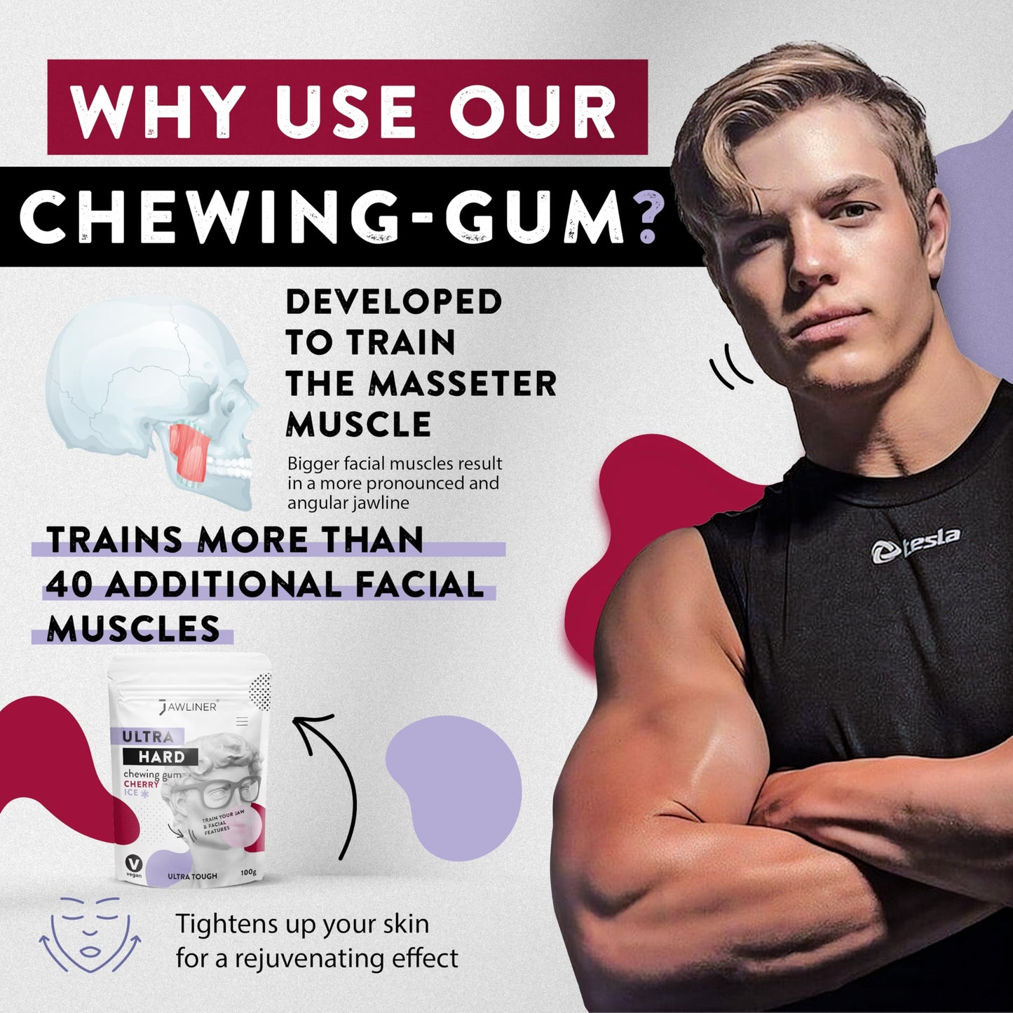 Jawliner® Jawline Gum - Sugar-Free Cherry Ice, 1 Count Pack, Handmade, 15x Harder, Includes 12 Weeks Coaching, Red and Green