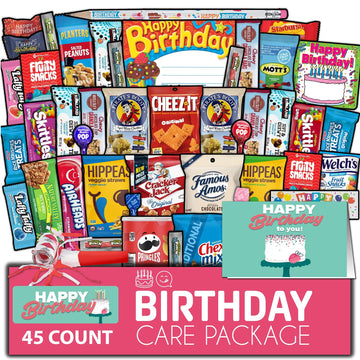Gift A Snack - Happy Birthday Snack Box Variety Pack Care Package + Greeting Card (45 Count) Bday Sweet  Gift Basket  Candies Chips ers Bars - Food Assortments Assortments & Variety Gifts