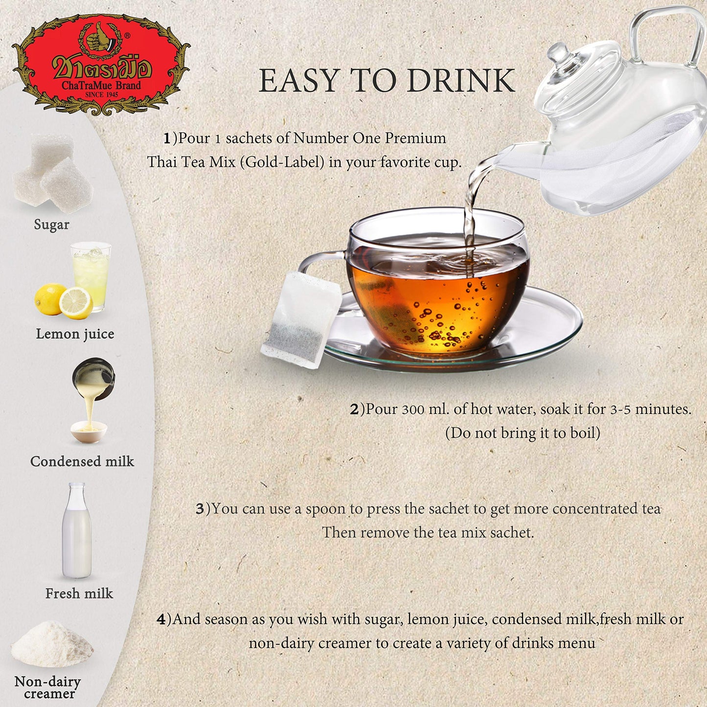 Number One Original Thai Tea Mix Chatramue Thai Tea For Boba Tea, Hot Tea, Iced Tea (Gold Label 50 Tea Bags)