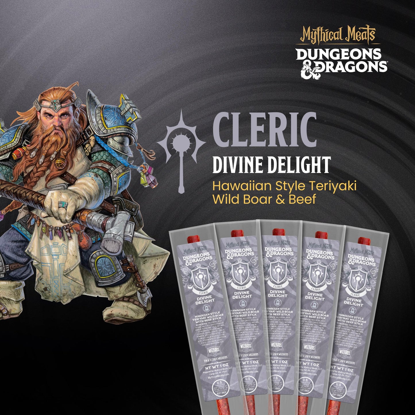 Mythical Meats Dungeons & Dragons Divine Delight (Cleric) - 12 Jerky Sticks - Hawaiian Style Teriyaki Wild Boar With Beef Stick,