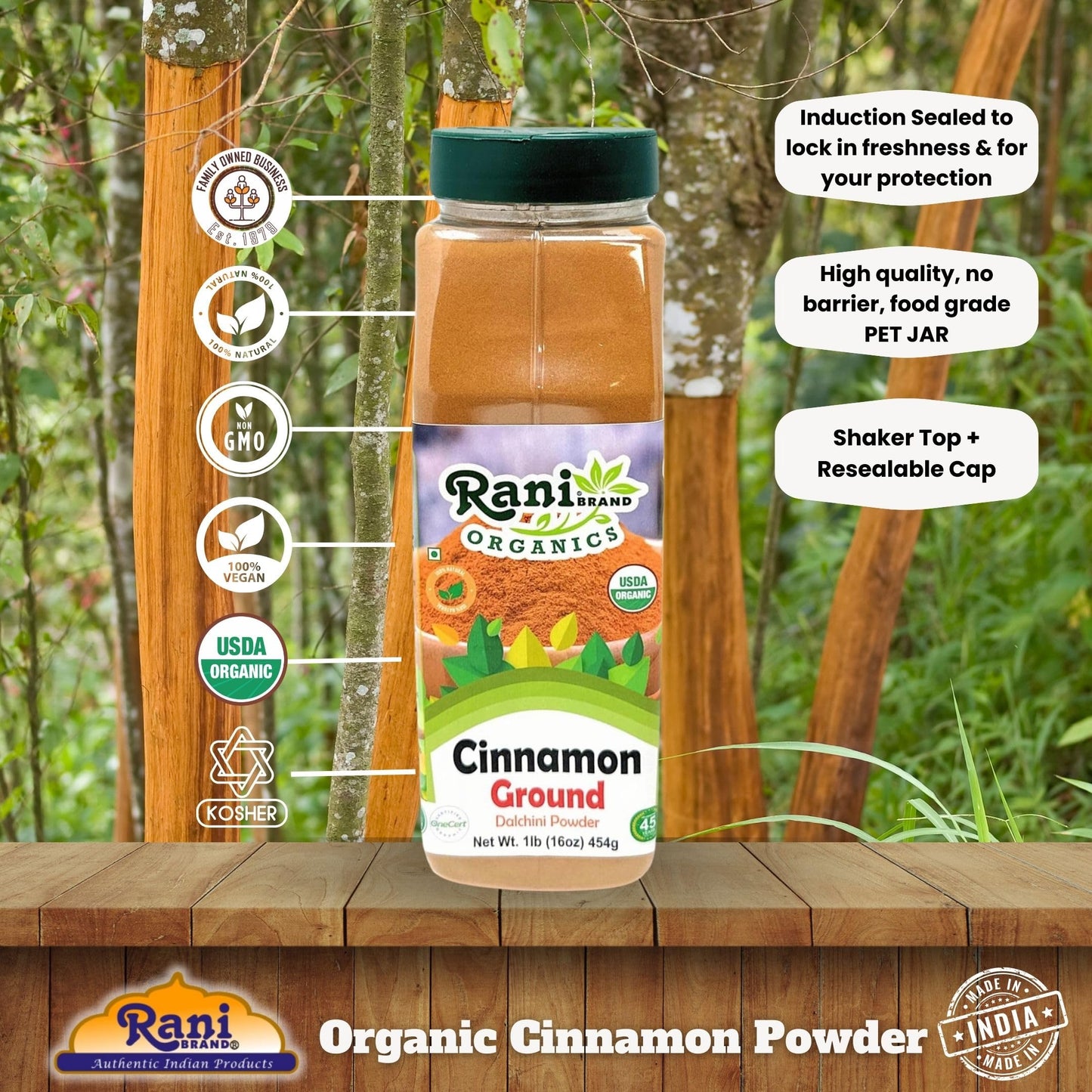 Rani Organic Cinnamon Powder (Ground) Spice 16Oz (1Lb) 454G Pet Jar ~ All Natural | Salt-Free | Vegan | No Colors | Gluten Frien