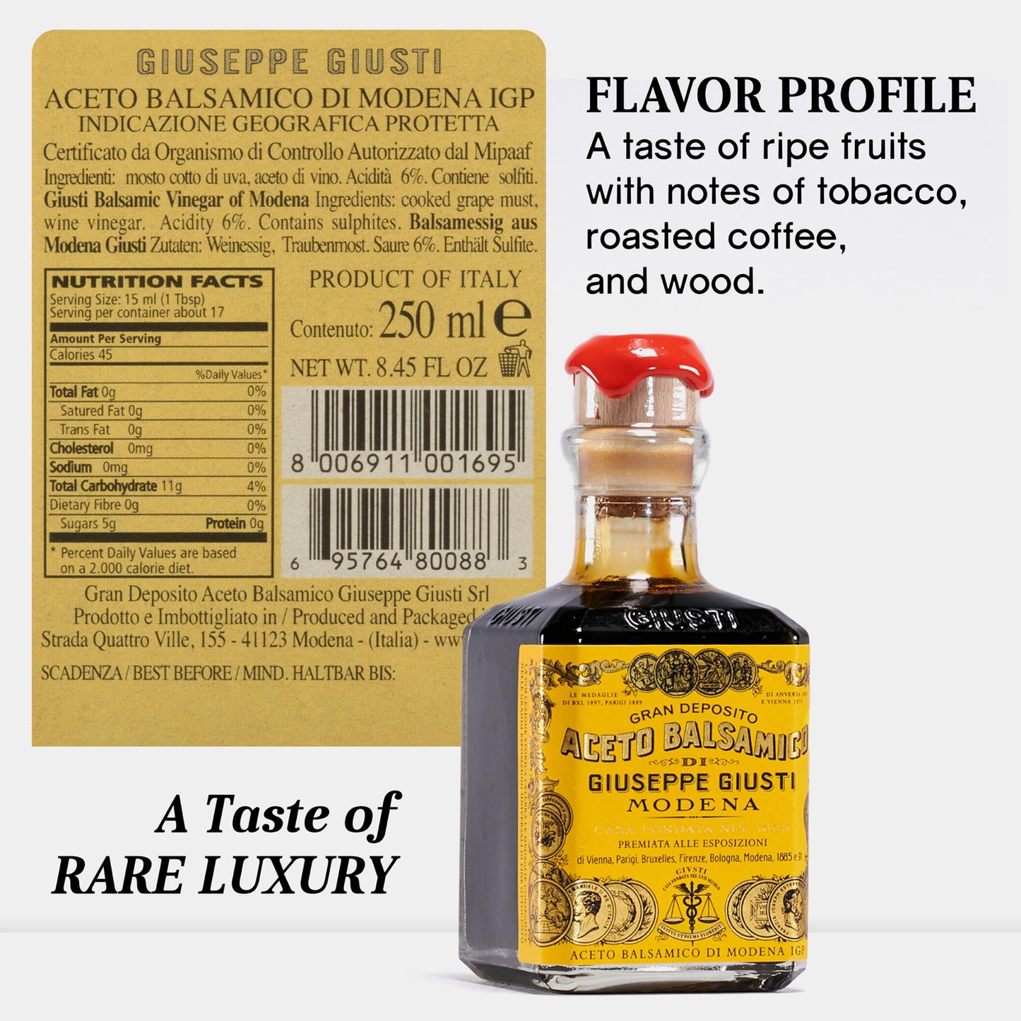 Giusti Balsamic Vinegar Of Modena Igp – Extra Thick & Rich Aceto Balsamico Di Modena, Matured In Traditional Aging Casks, 4 Gold Medals, Made In Italy, Customized Gift Box – 8.45 Fl Oz (250 Ml)
