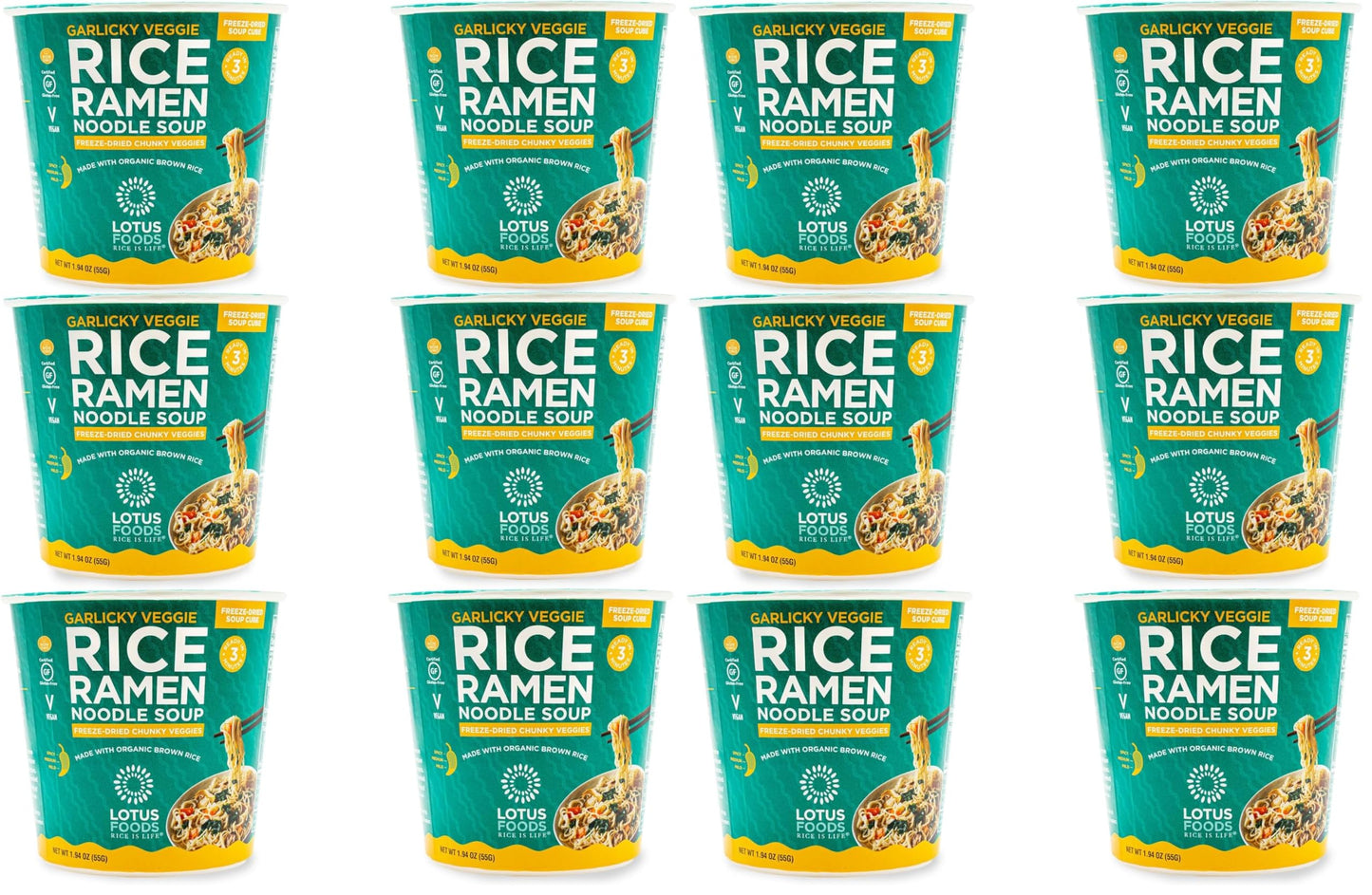 Lotus Foods Garlicky Veggie Rice Ramen Noodle Soup Cup With Freeze-Dried Chunky Veggies, 12.3 Oz (Pack of 2)