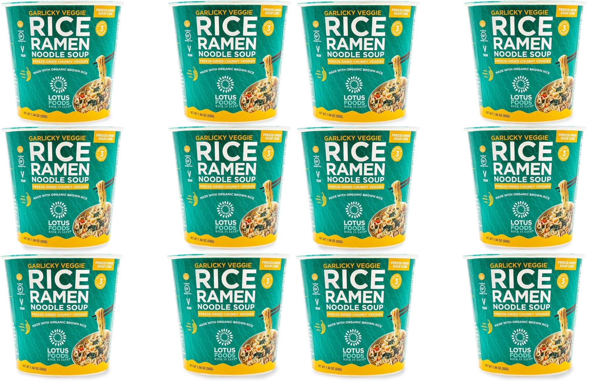 Lotus Foods Garlicky Veggie Rice Ramen Noodle Soup Cup With Freeze-Dried Chunky Veggies, 12.3 Oz (Pack of 2)