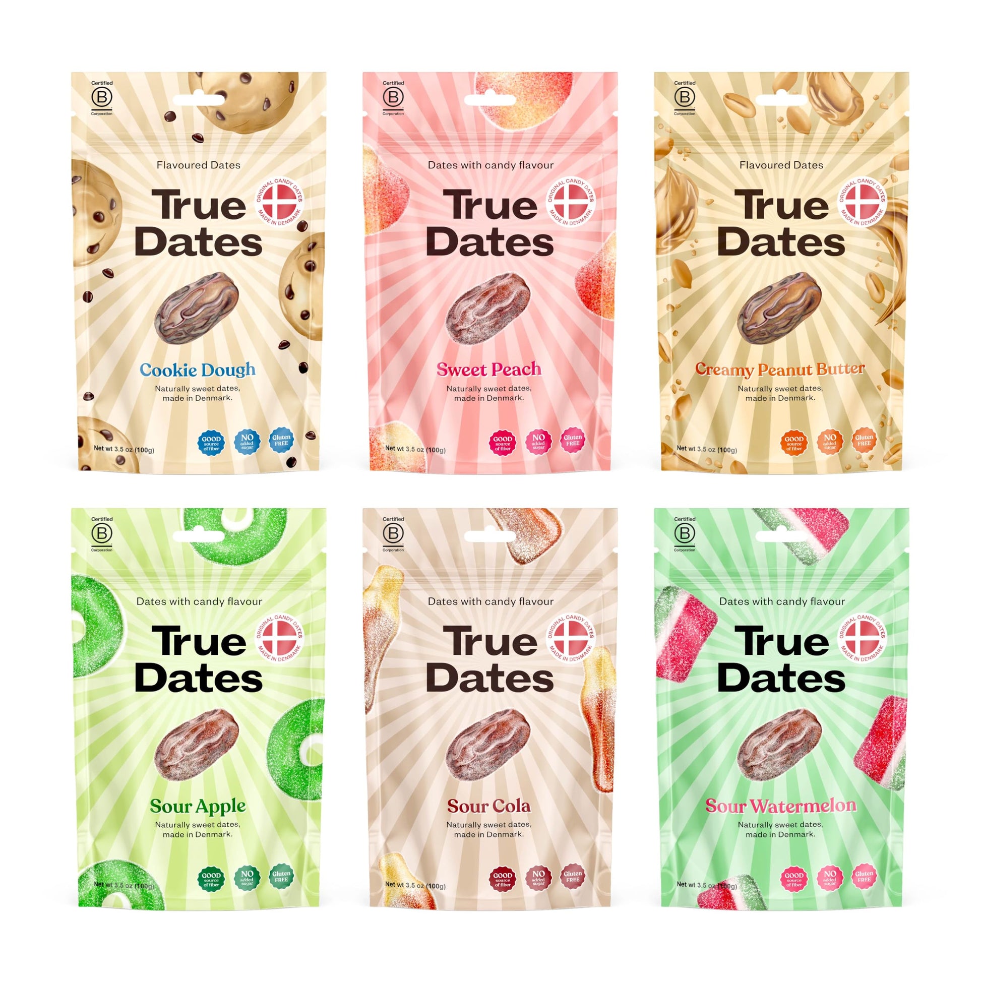 Candy Dates, Variety, 6-3.5 Ounce Bags (Creamy Peanut Butter, Cookie Dough, Sour Apple, Sour Cola, Sour Watermelon, Sweet Peach) - Dates With Candy Flavor, Vegan, No Added Sugar, Gluten Free