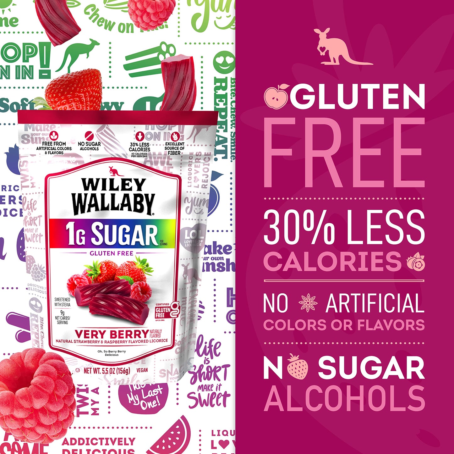 Wiley Wallaby 5.5 Ounce Very Berry Low Sugar Gluten Free Gourmet Australian Style Soft & Chewy Licorice Candy Twists (5.5 Ounce