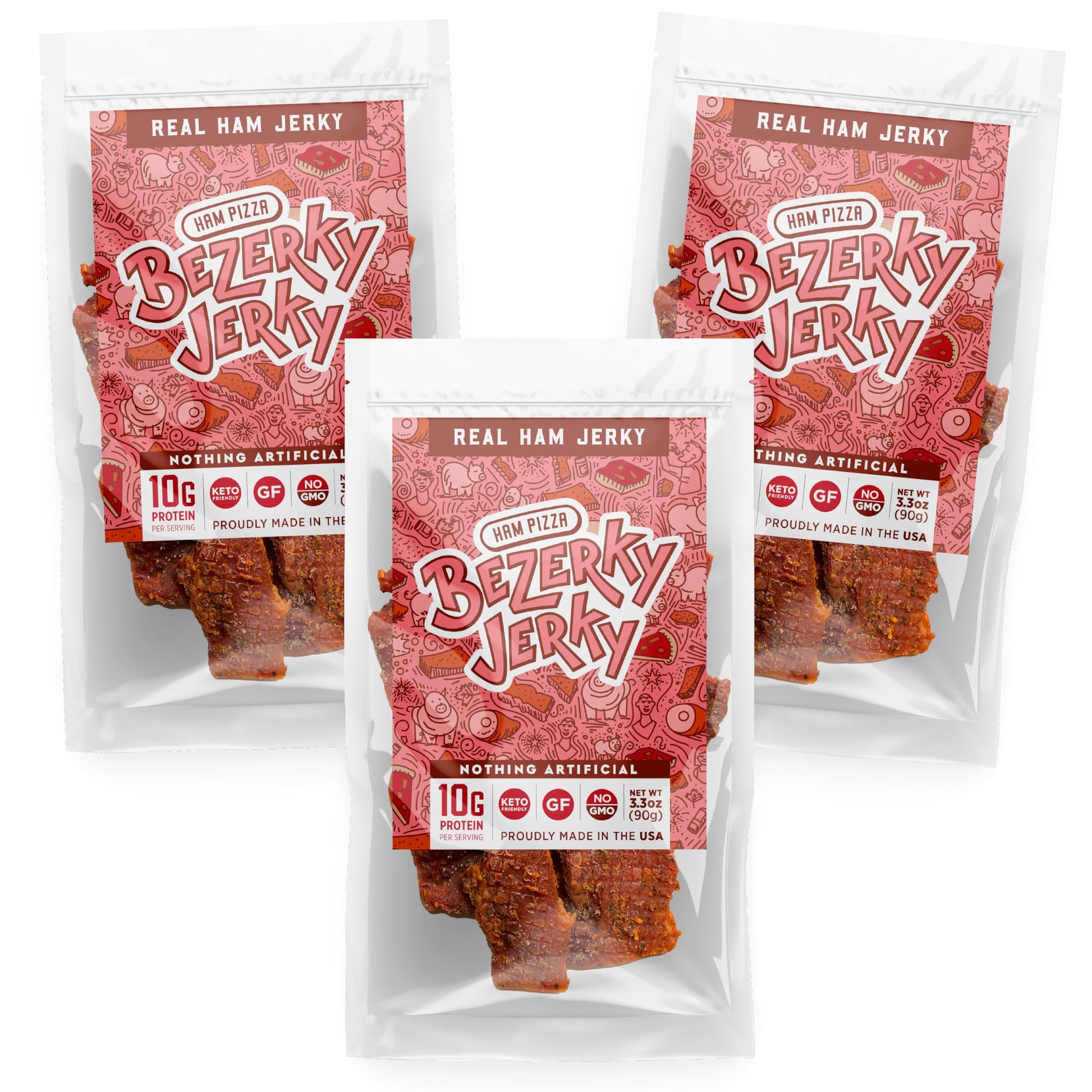 Bezerky Jerky Premium Ham Jerky, Low Fat High Protein, Gluten-Free, 3.3 Ounce Pack of 3