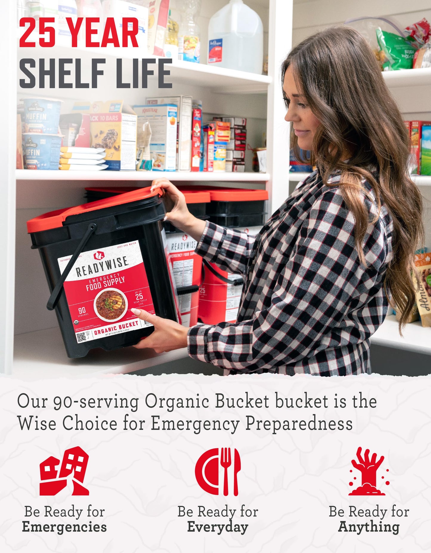 Readywise - Organic Bucket, 90 Servings, Emergency, Mre Meal, Food Supply, Premade, Freeze Dried Survival Food For Hiking, Adven