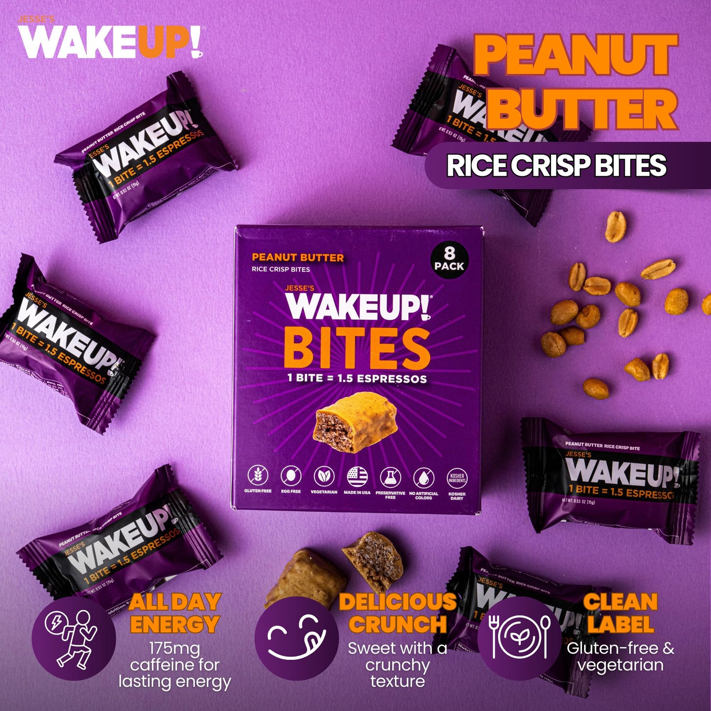 Jesses WakeUP! Caffeinated Peanut Butter Protein Bites – 175mg Clean Caffeine, Gluten-Free, 8 Pack, 1 Bite = 1.5 Espressos