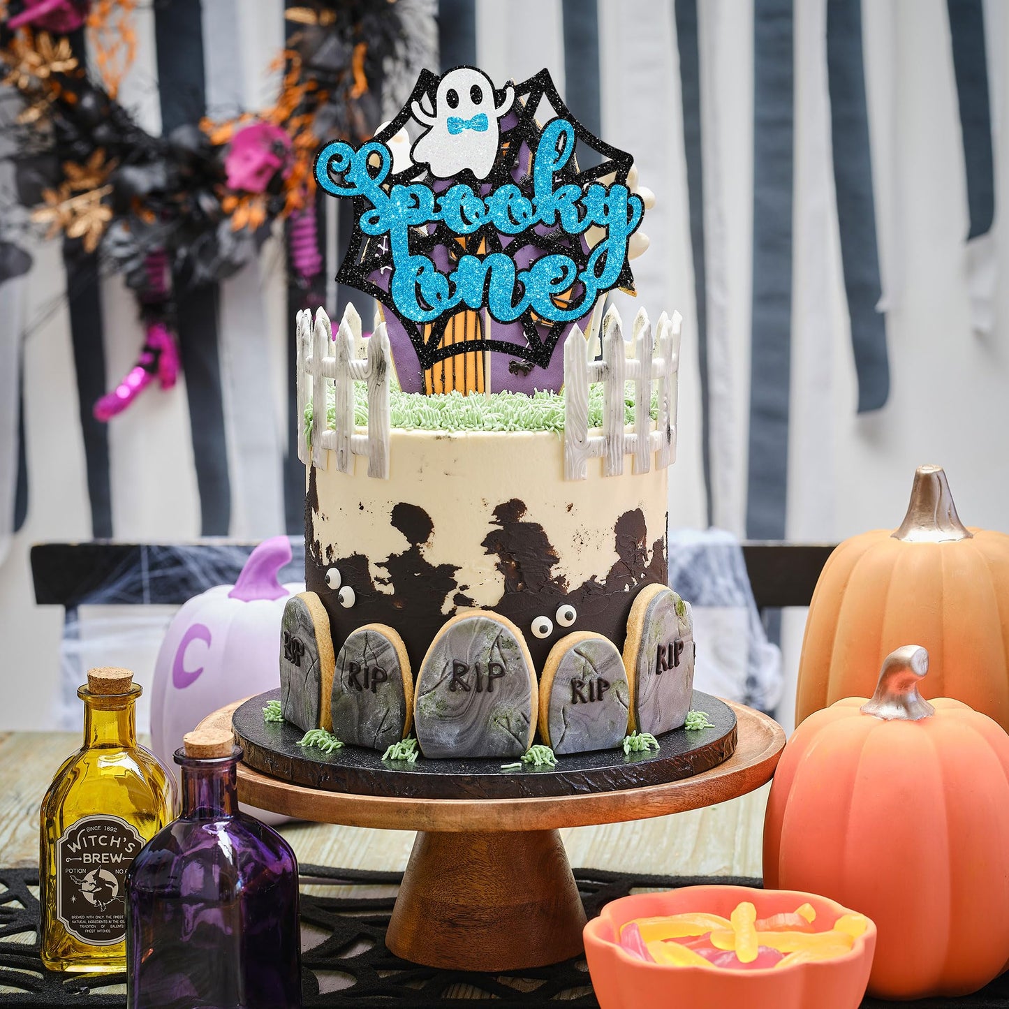 Gyufise 1Pc The Spooky One Cake Topper Blue Glitter The Spooky One Halloween Cake Picks 1St Birthday Cake Decorations For Hallow
