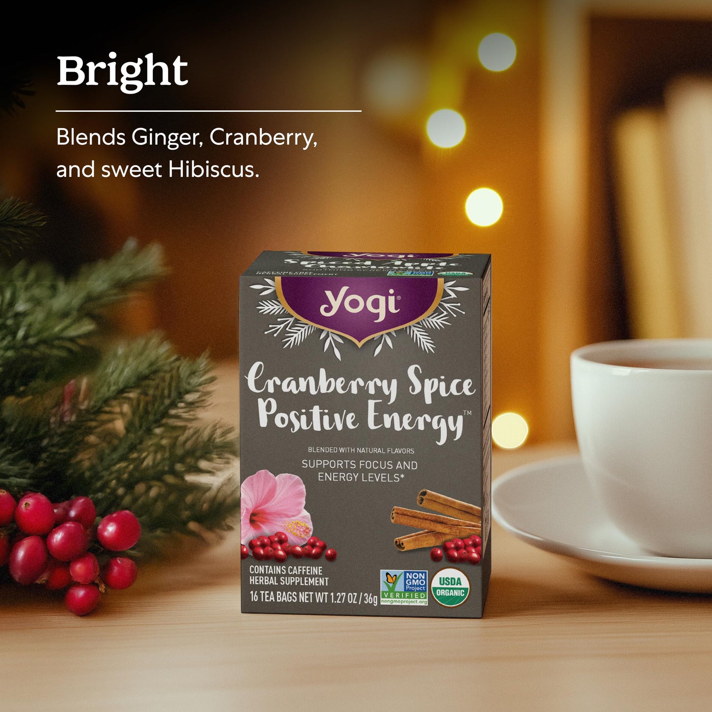 Yogi Tea Cranberry Spice Organic Puerh Tea, Caffeinated, 16 Tea Bags, 1.27 Ounce, Focus & Energy Support