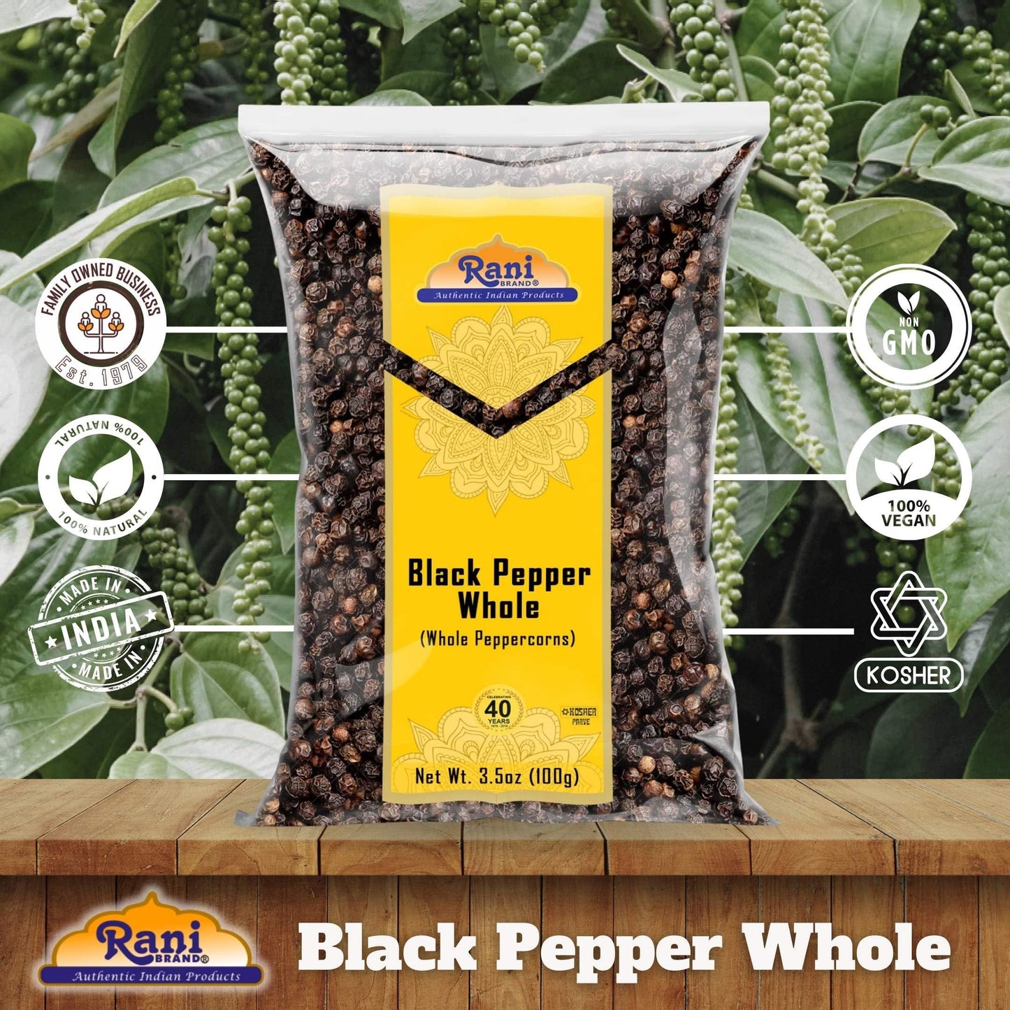 Rani Black Pepper Whole Premium MG-1 Grade 3.5oz (100g) All Natural, Gluten Friendly, Non-GMO, Kosher, Product of Vietnam