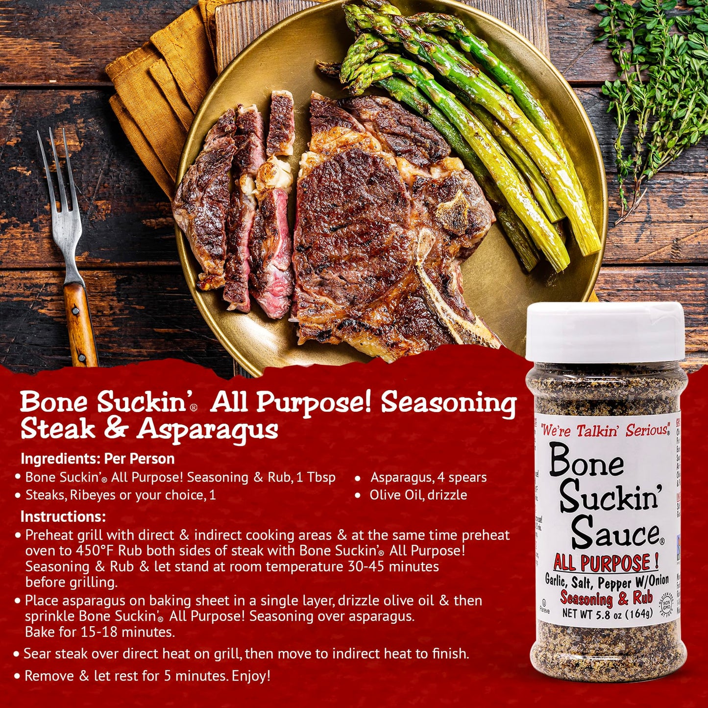 Bone Suckin Sauce All Purpose Seasoning & Rub Zero Calorie And Gluten Free With Garlic Salt Pepper And Onion (5.8 Oz)