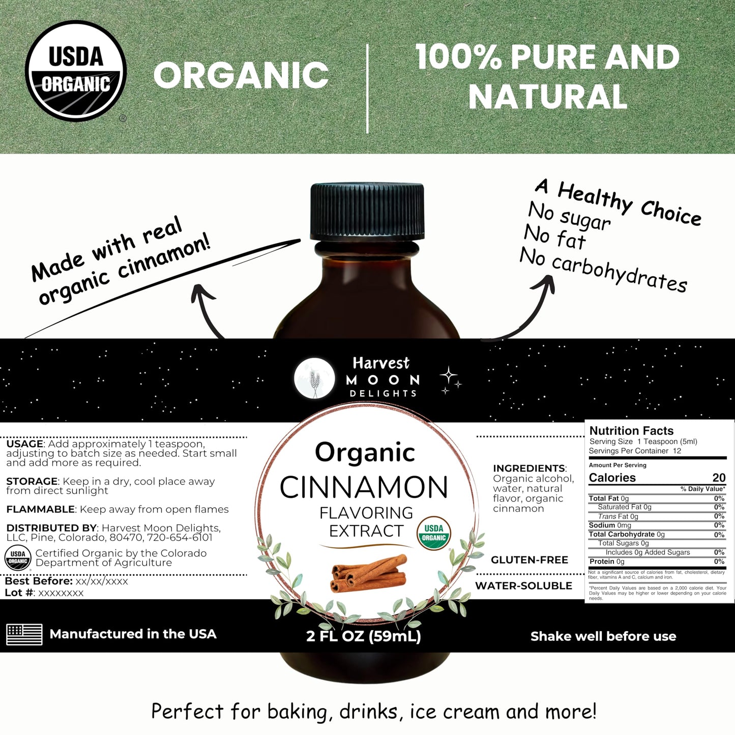Organic Cinnamon Flavoring Extract For Baking, Ice Cream, Drinks, And Candy - 2 Oz - Water-Soluble - By Harvest Moon Delights - Pure Cinnamon Extract, Flavoring, Flavor