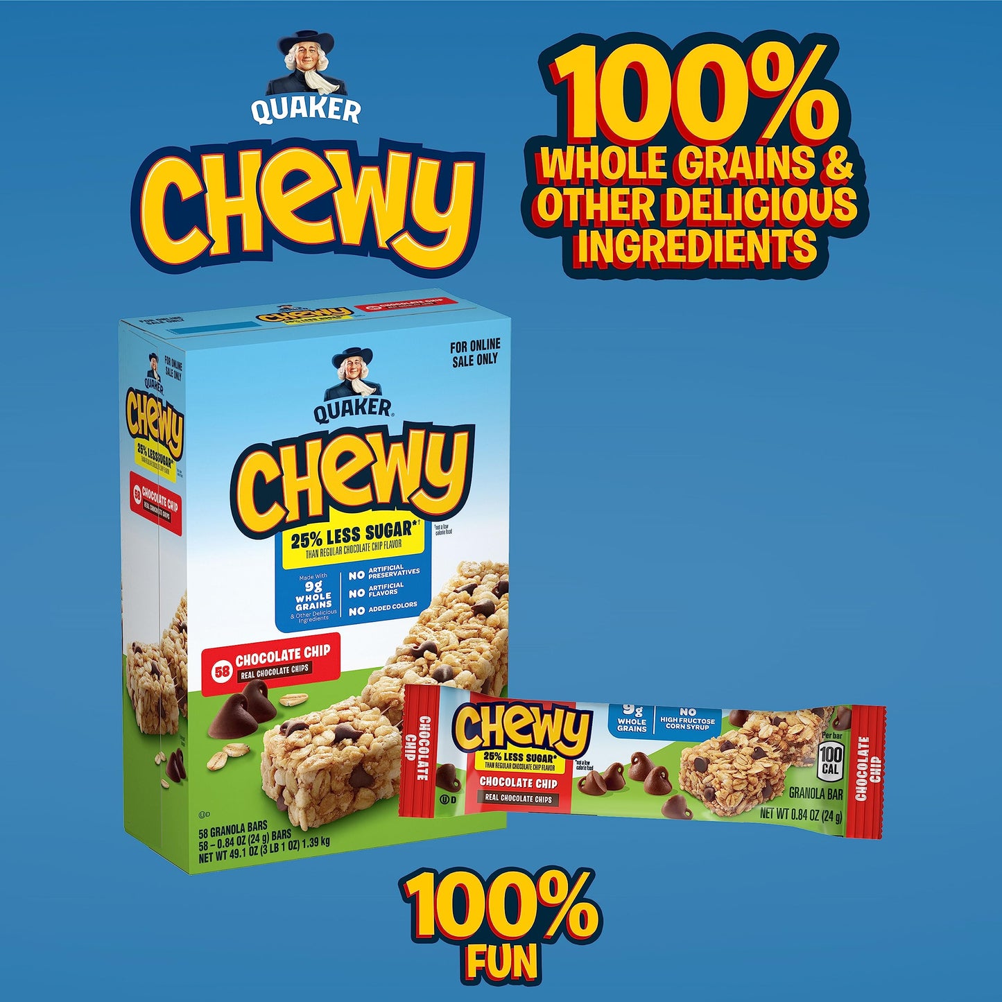 Quaker Chewy Lower Sugar Granola Bars, Chocolate Chip, 58 Count