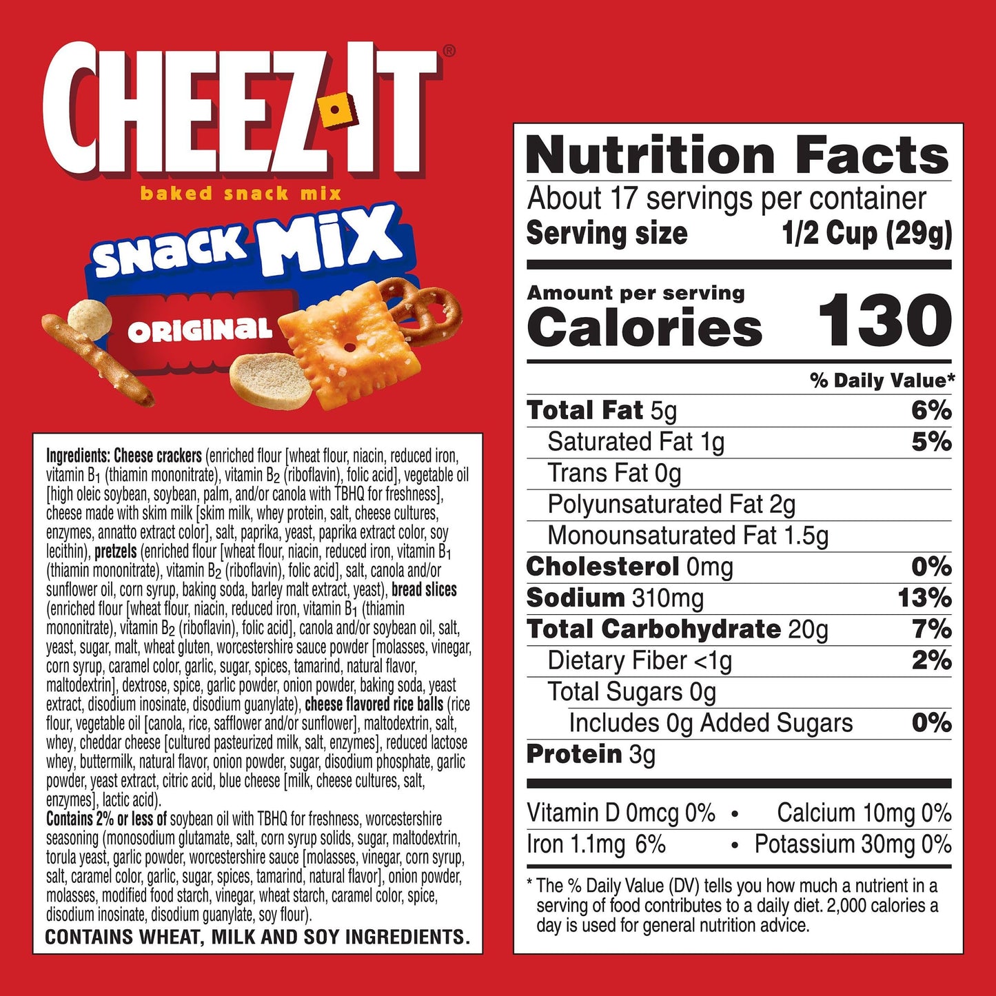 Cheez-It Snack Mix, Lunch Snacks, Family Size, Original, 17.8oz Box (1 Box) (Pack of 2)