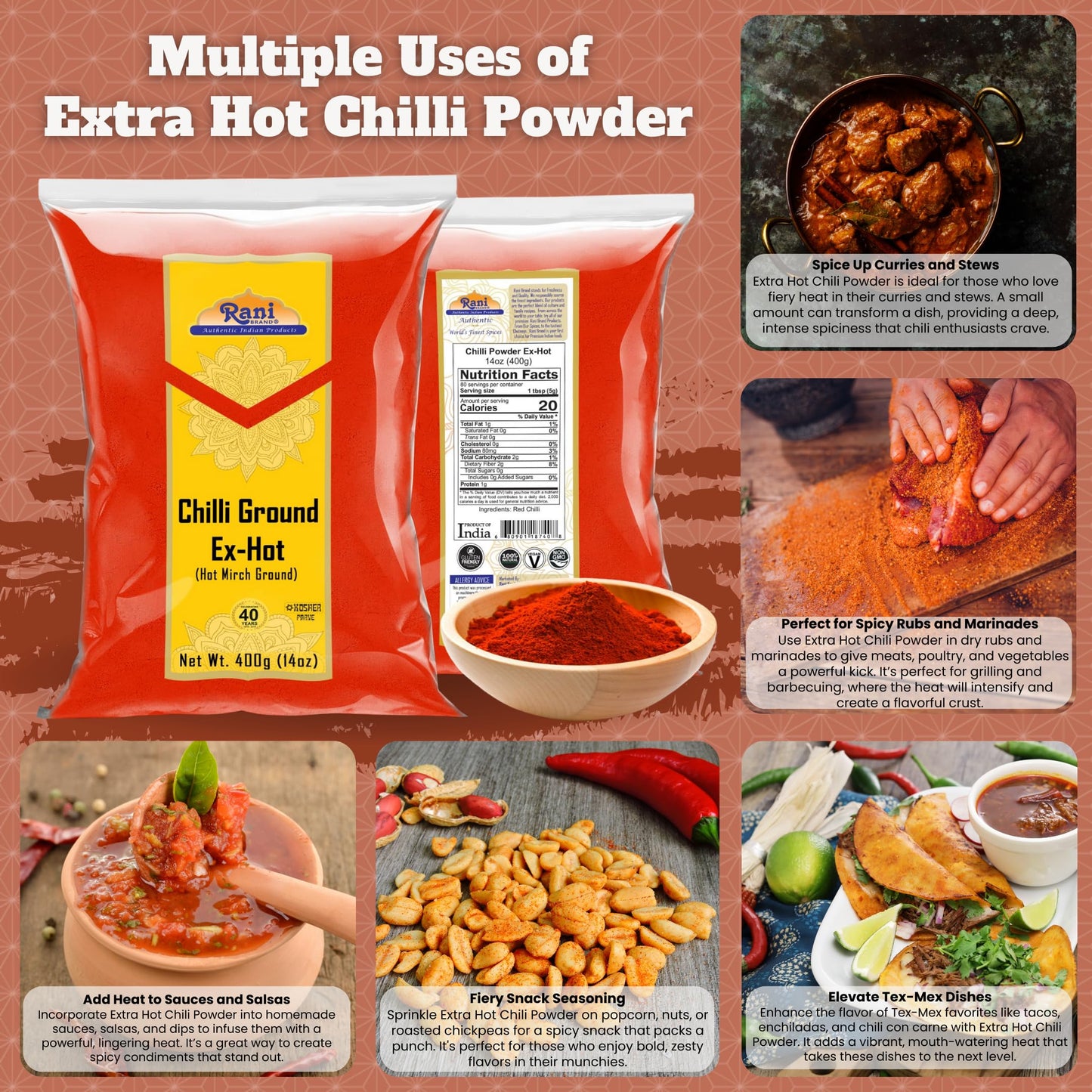 Rani Extra Hot Chilli Powder Indian Spice 14Oz (400G) ~ All Natural | No Color Added | Gluten Friendly | Vegan | Non-Gmo | Koshe