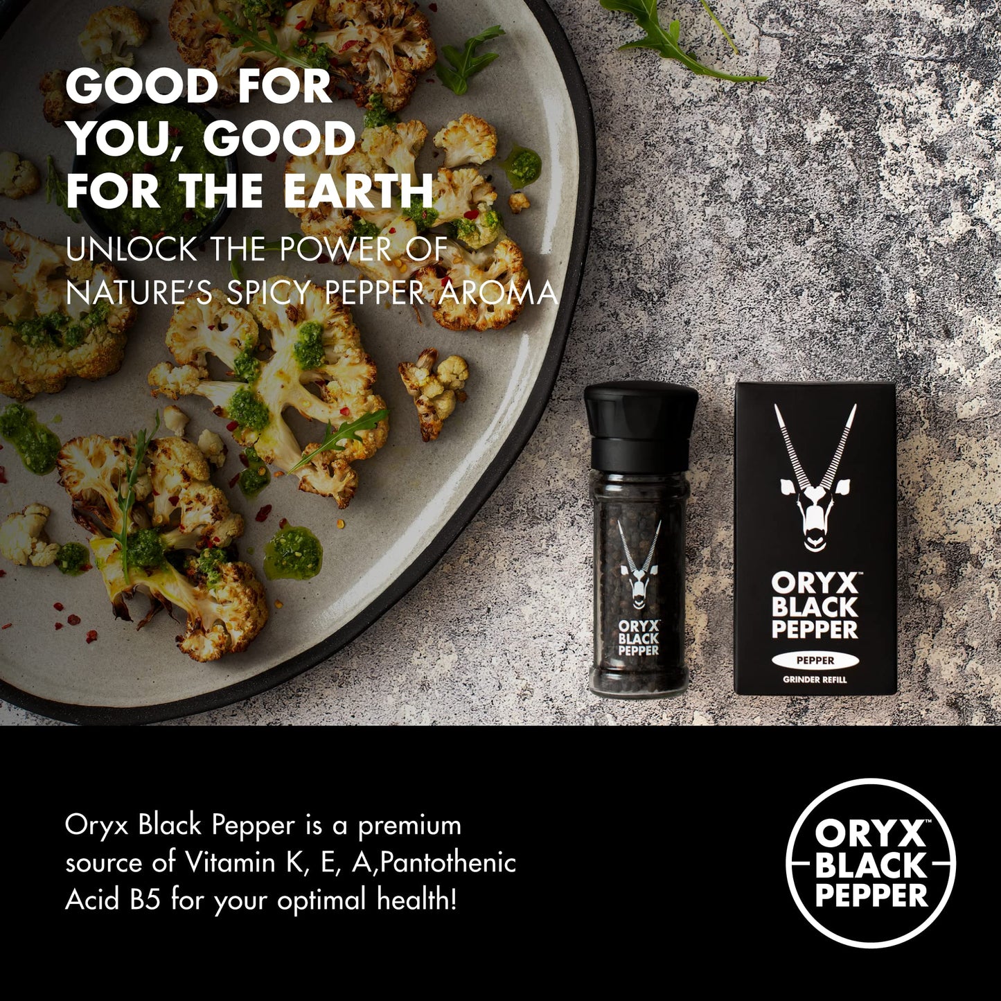 Oryx Black Pepper Grinder - 1.26Oz - Manual Refillable Grinder With Enhanced Whole Black Peppercorns From Madagascar - Perfect For Home Cooking & Gourmet Meals - Refillable Reusable +20X Grinder Head