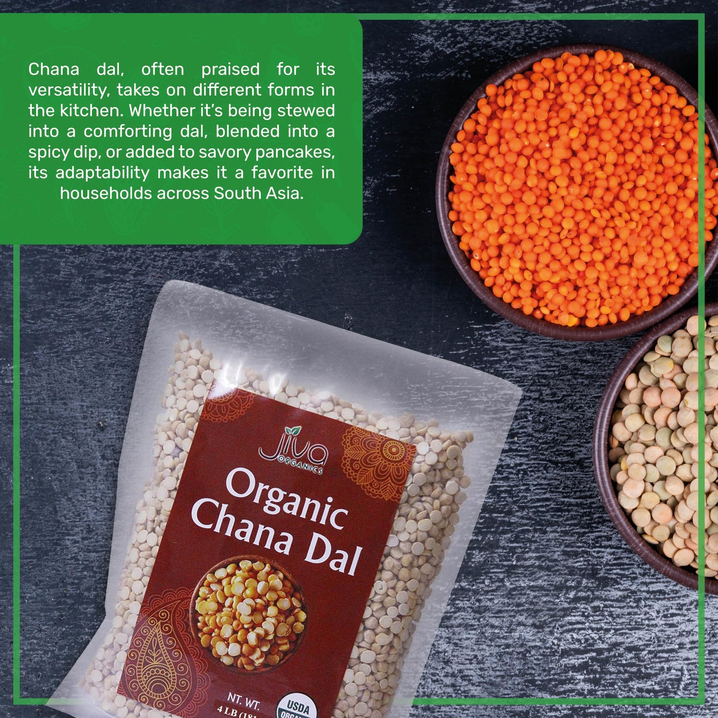 Jiva Organic Chana Dal Indian 4 Pound Bag - Non-Gmo Pesticide Free Premium Quality Yellow, 64 Oz