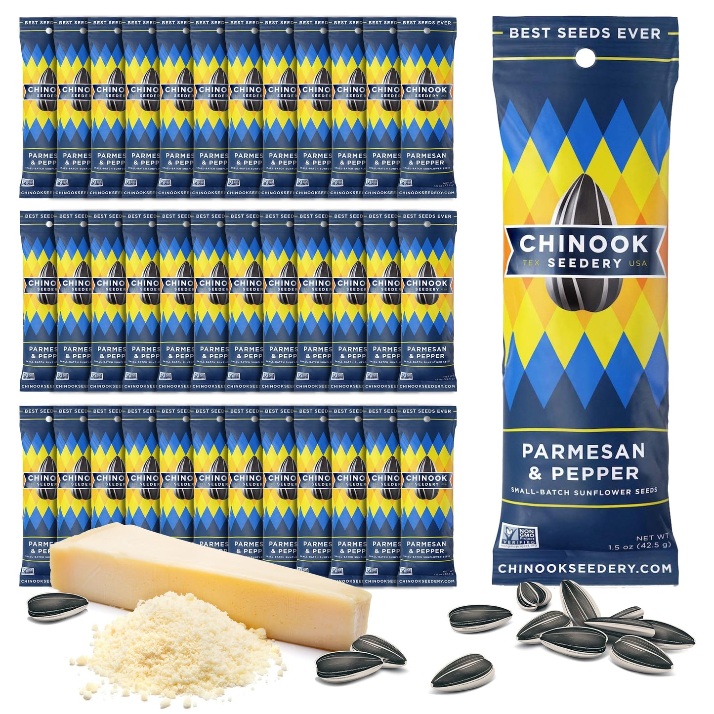 Chinook Seedery Roasted Sunflower Seeds to Eat -1.5 oz (Pack of 36) Parmesan & Pepper - Jumbo Low Sodium Sunflower Seeds Keto Sn