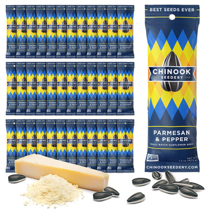 Chinook Seedery Roasted Sunflower Seeds to Eat -1.5 oz (Pack of 36) Parmesan & Pepper - Jumbo Low Sodium Sunflower Seeds Keto Sn