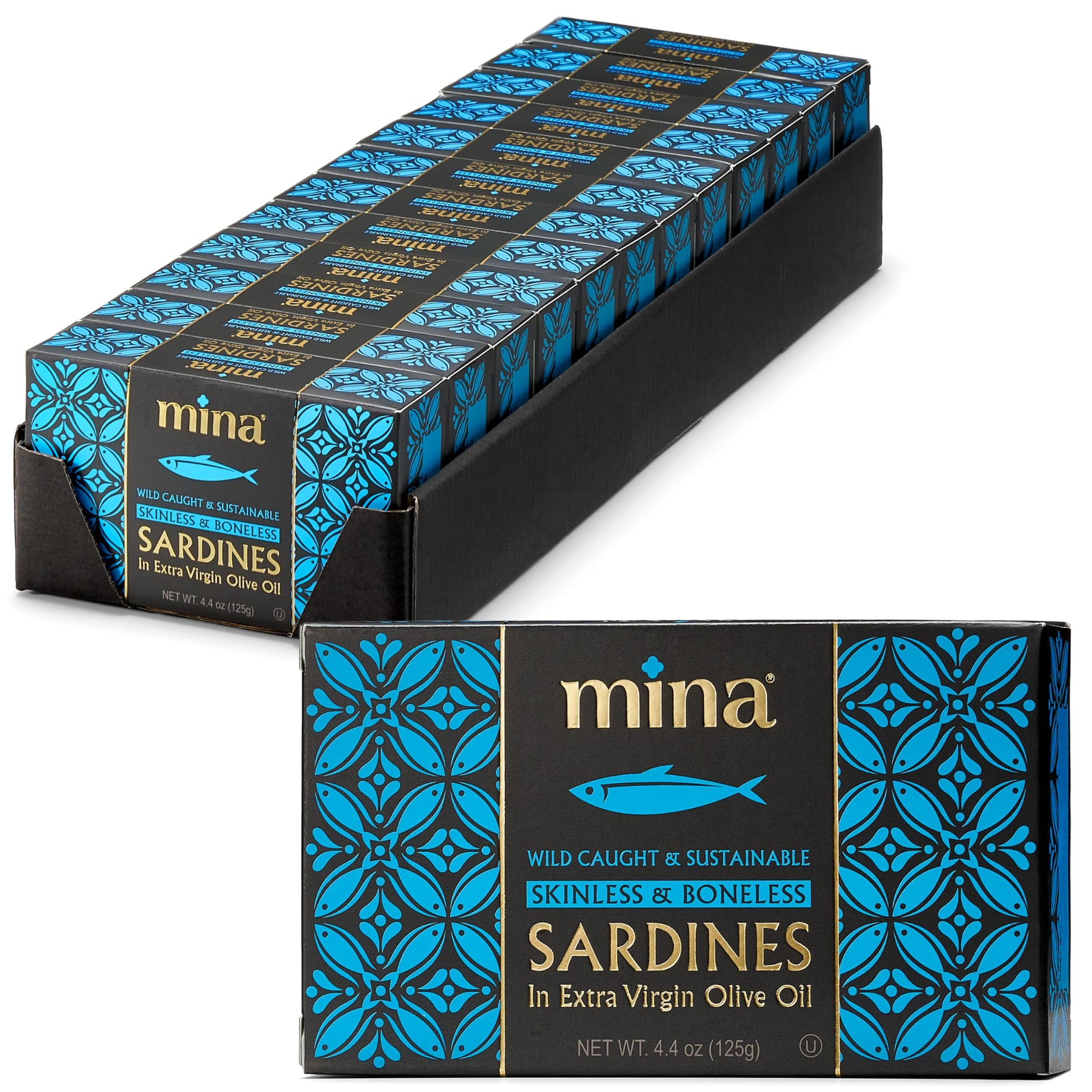 Mina Sardines, Skinless & Boneless Sardines In Extra Virgin Olive Oil, 4.4 Ounce Wild Caught Sardines, Packed By Hand, Low Sodium, High In Protein, Keto, Paleo, Sardines In Olive Oil (Pack Of 12)