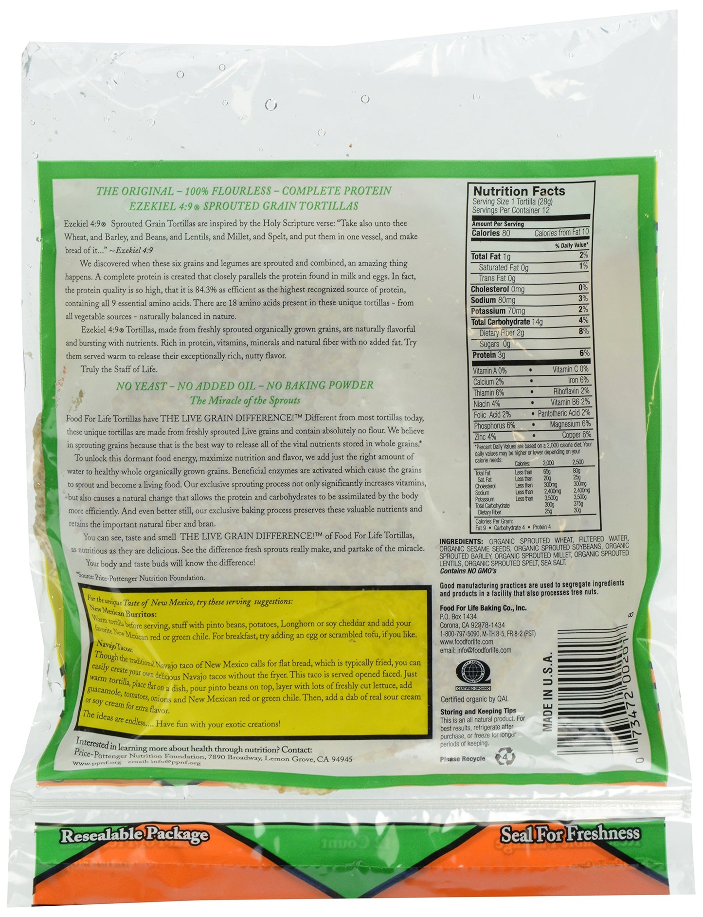 Food For Life, Organic Ezekiel 6 inch Sprouted Grain Tortillas,1 pack of 12 Tortillas,12 oz (Frozen)