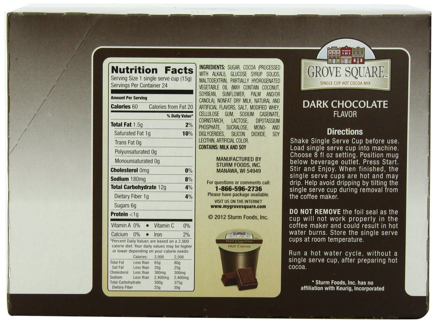 Grove Square Hot Cocoa Dark Chocolate, 24 Single Serve Cups, Rich Brown, Model 12G109F4652